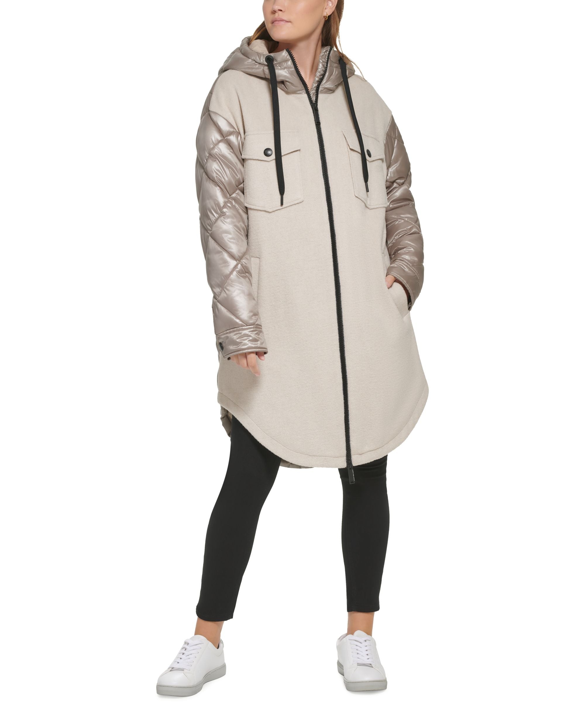 Petite Quilted Hooded Zip-Up Long Jacket