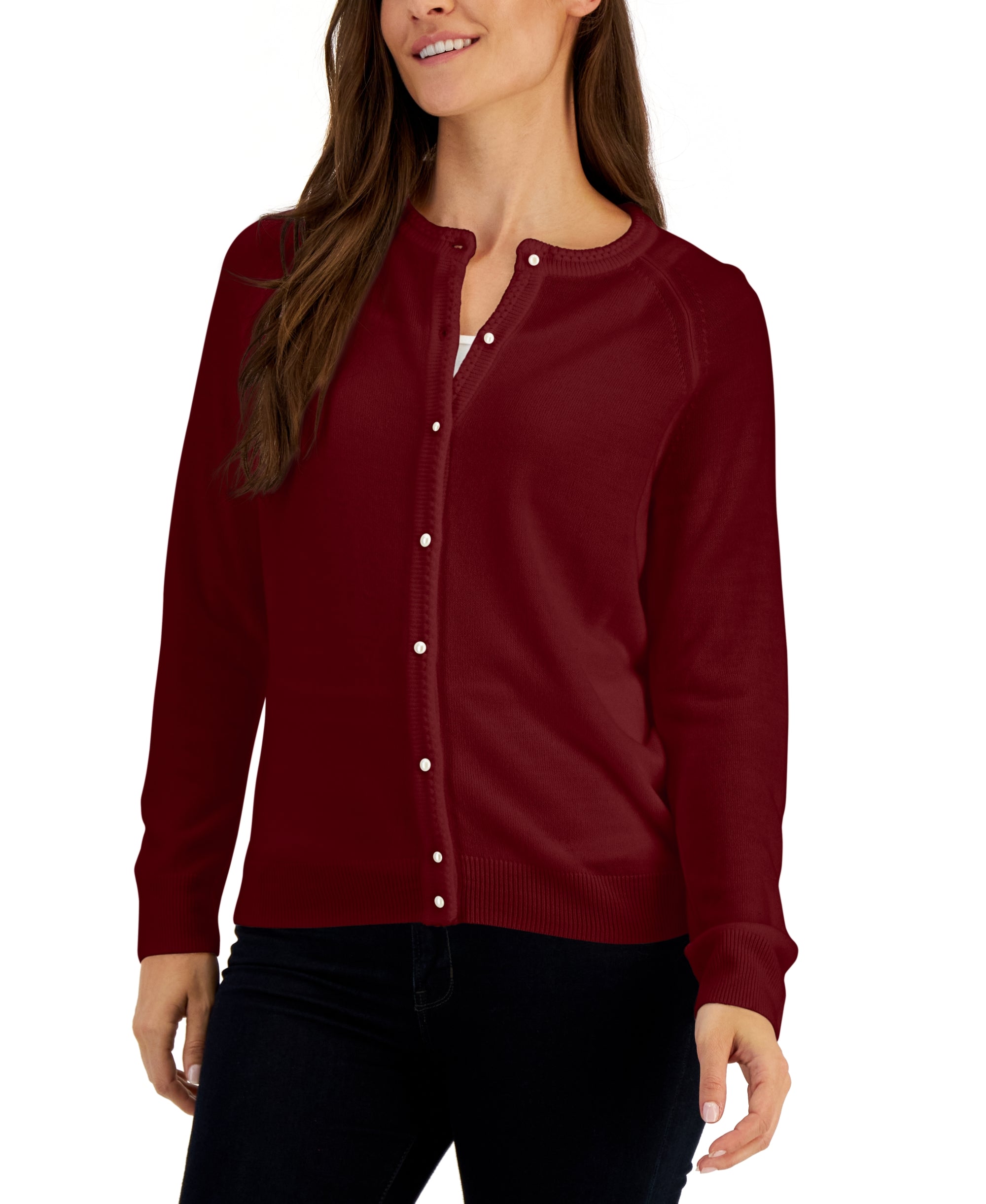 Women's Pearlized Button Crewneck Cardigan