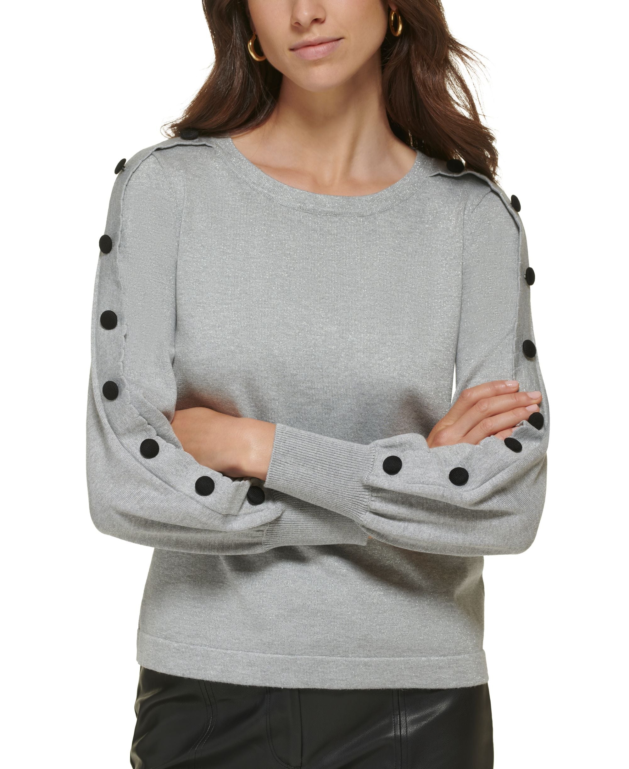 Women's Metallic Button-Sleeve Sweater