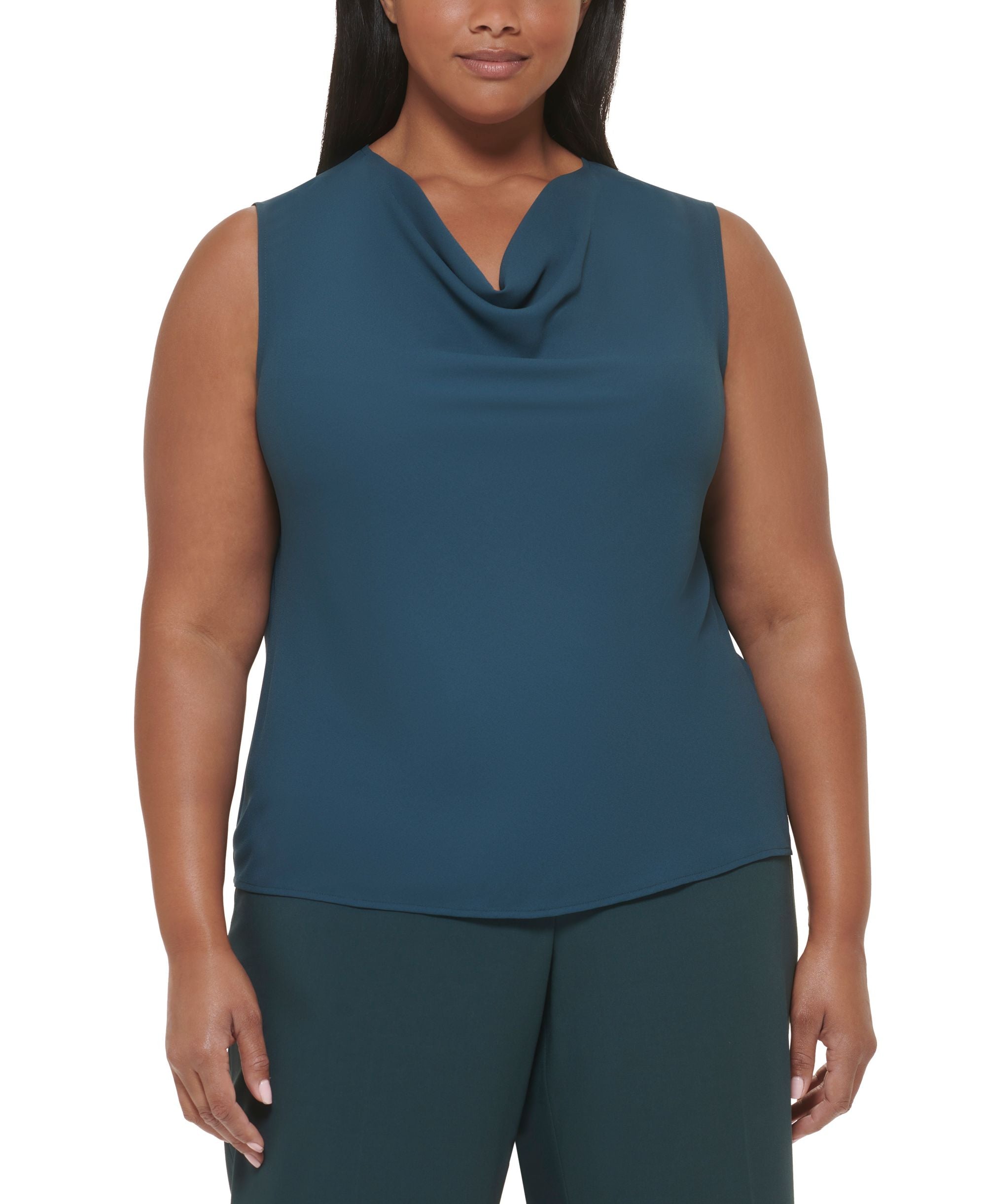 Plus Size Solid Sleeveless Cowlneck Blouse