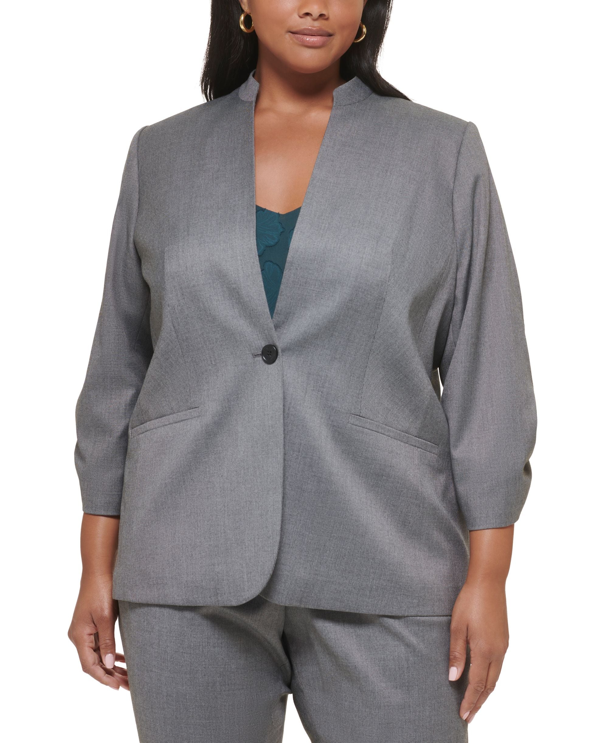 Plus Size Novelty Single-Button Ruched-Sleeve Blazer