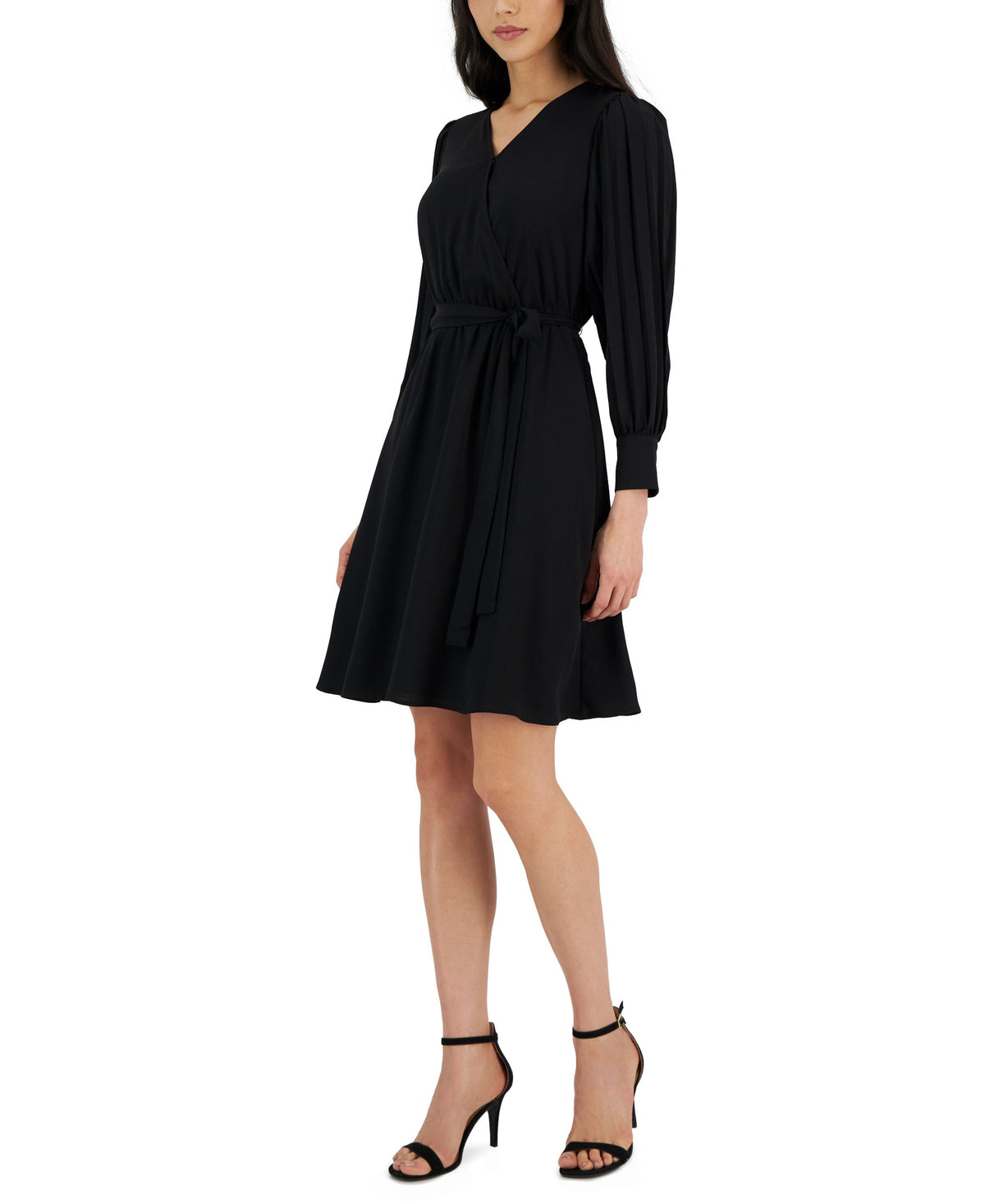 Anne Klein Womens V-Neck Pleated-Long-Sleeve Dress