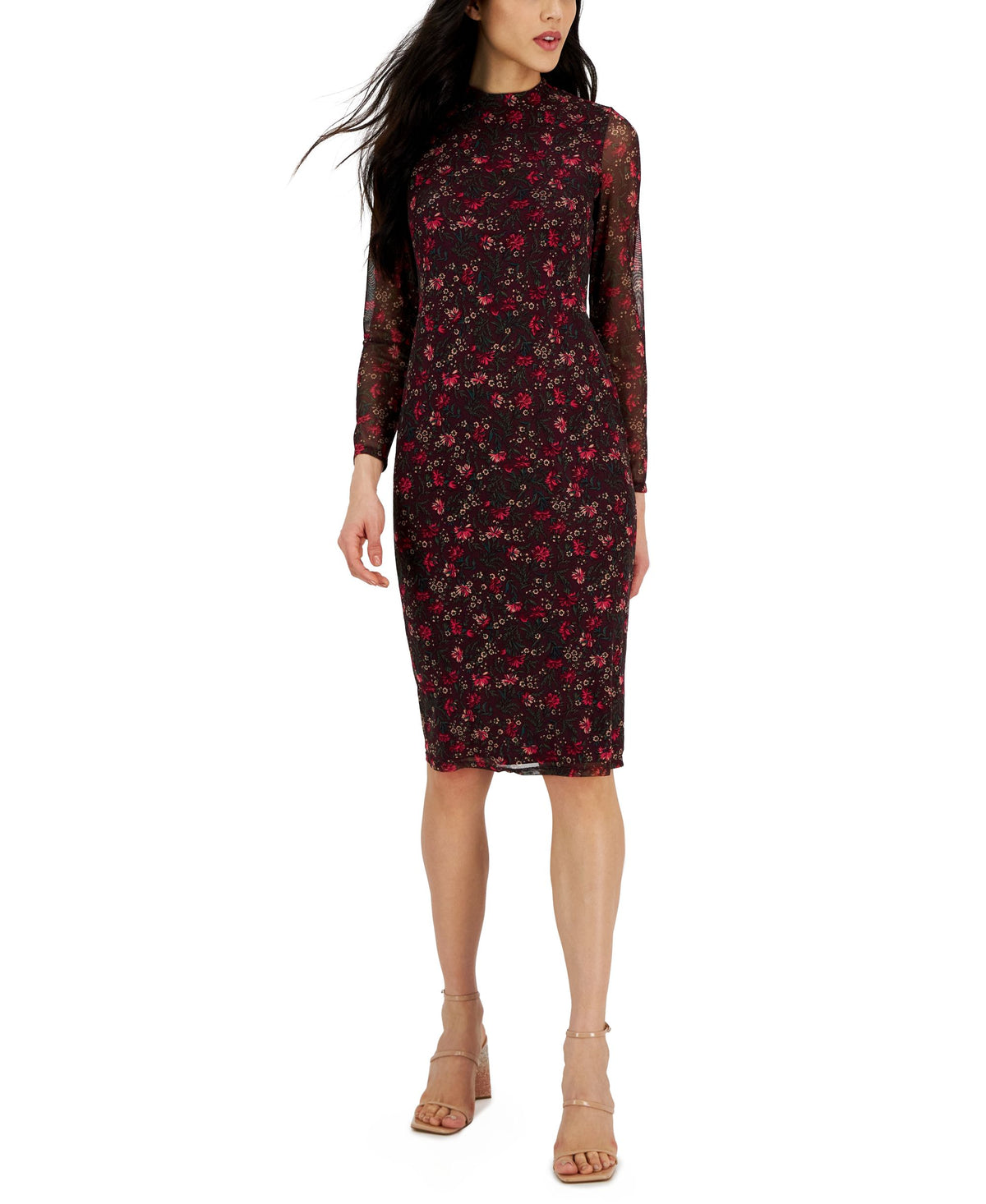 Inc International Concepts Womens Printed Long-Sleeve Fitted Midi Dress