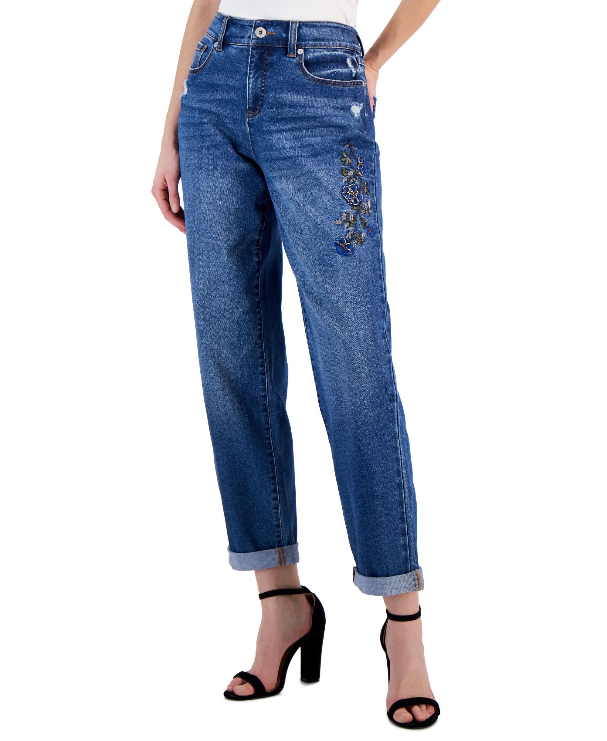 International Concepts Womens High Rise Embellished Cuffed Boyfriend Jeans