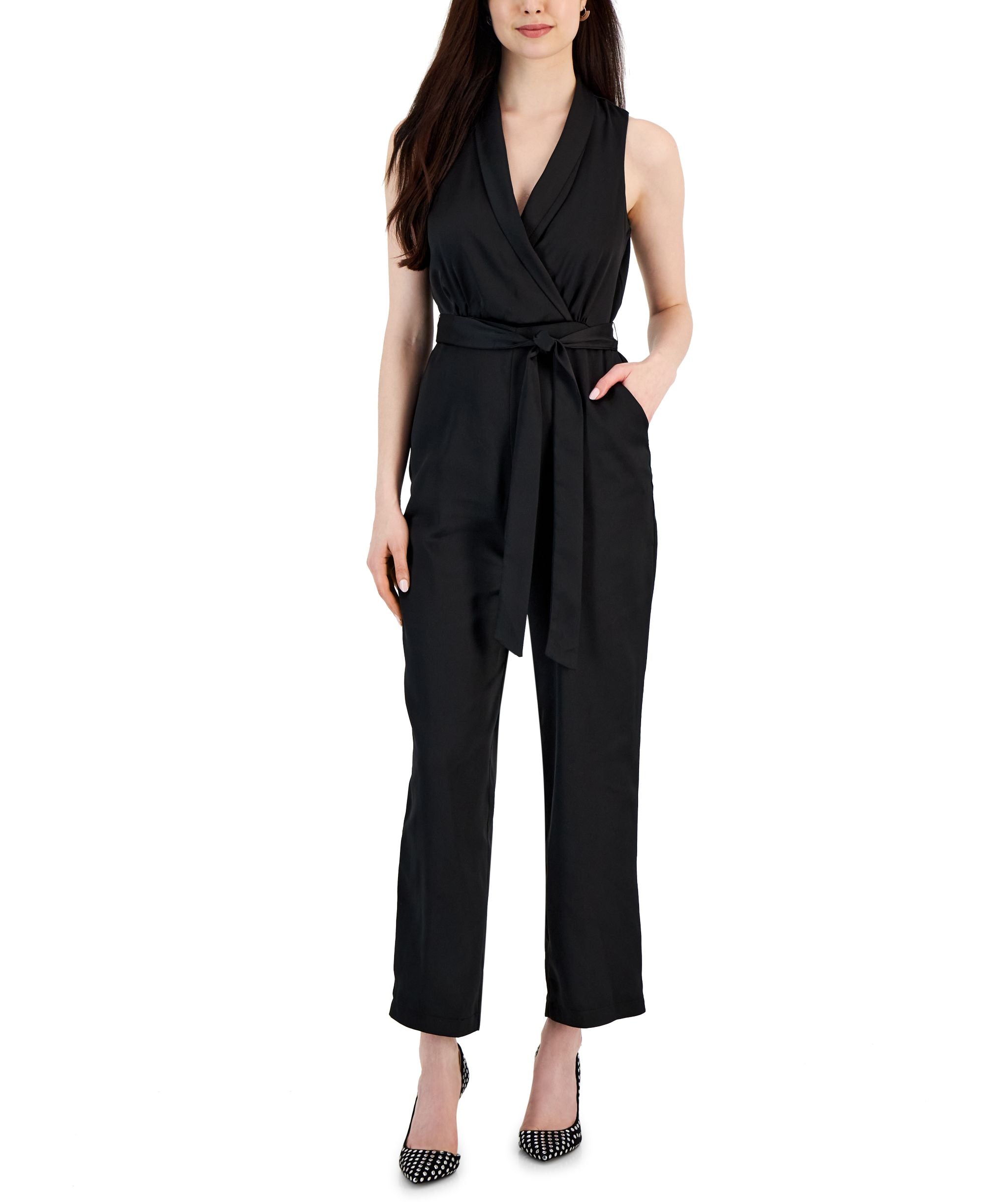 Taylor Womens V Neck Tie Waste Jumpsuit