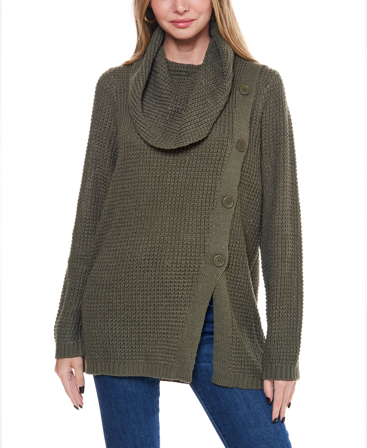 Fever Womens Waffle Knit Cowl Neck Sweater With Buttons