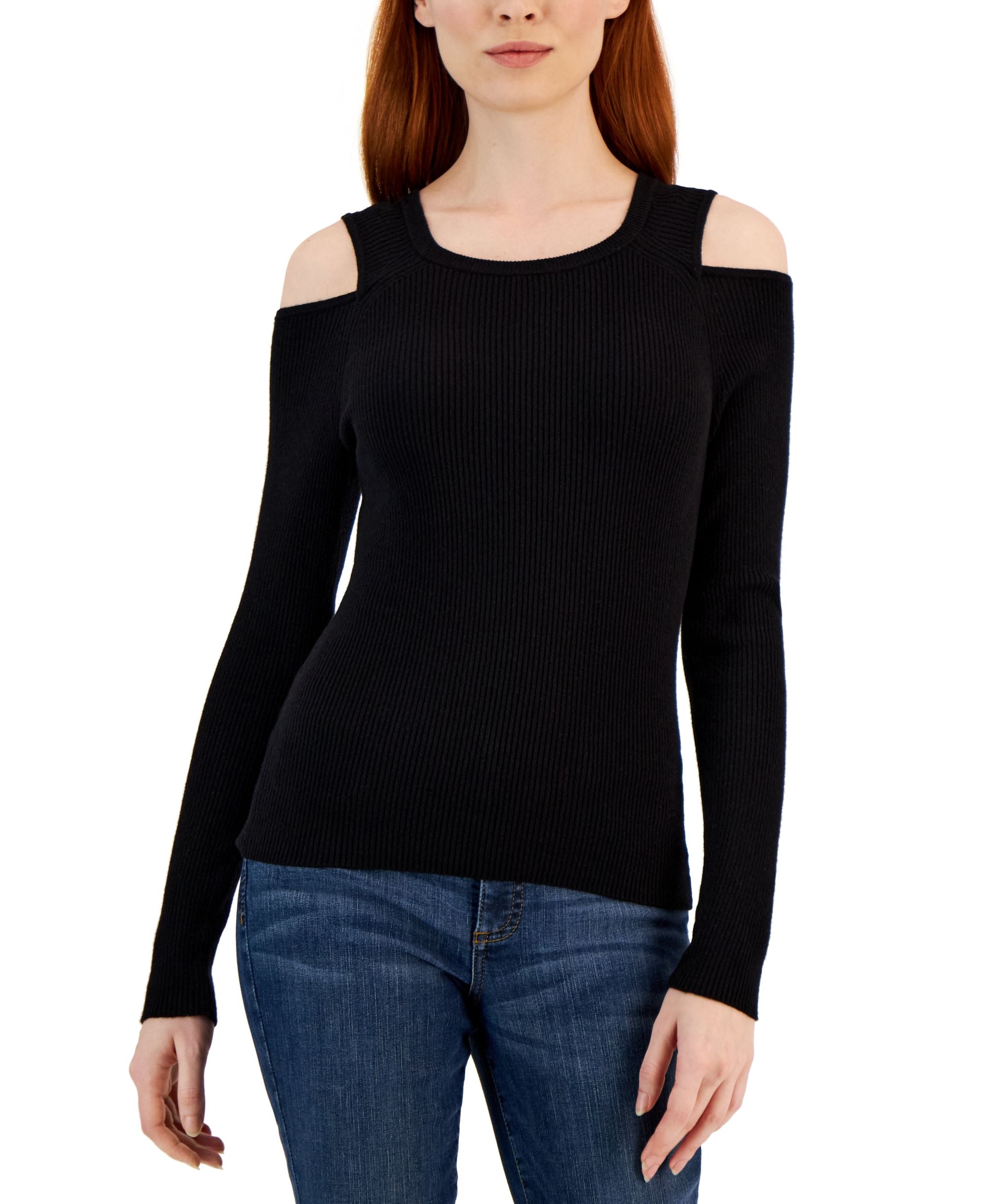 Women's Ribbed Cold-Shoulder Sweater
