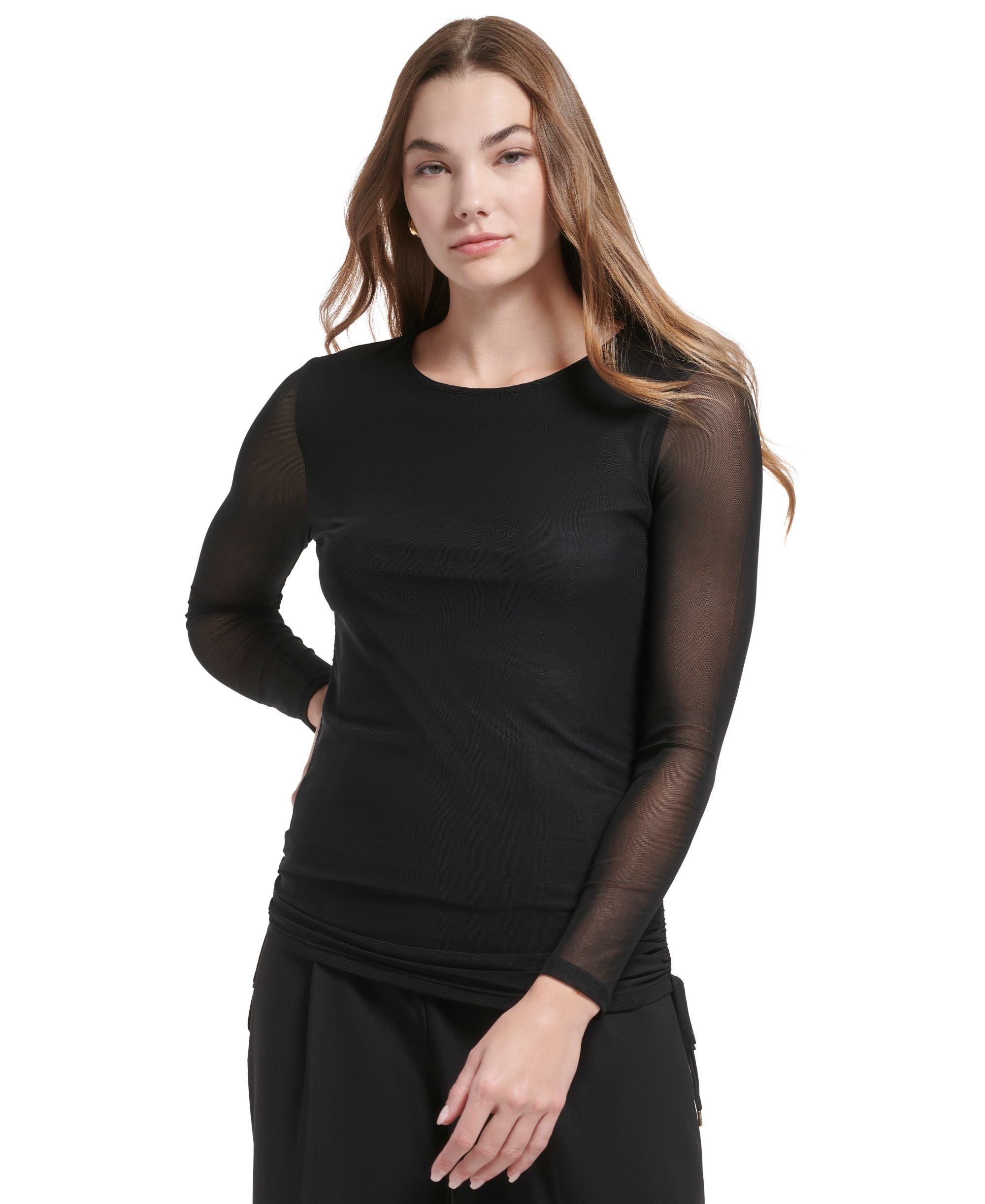 Women's Long Sleeve Side Ruched Mesh Top