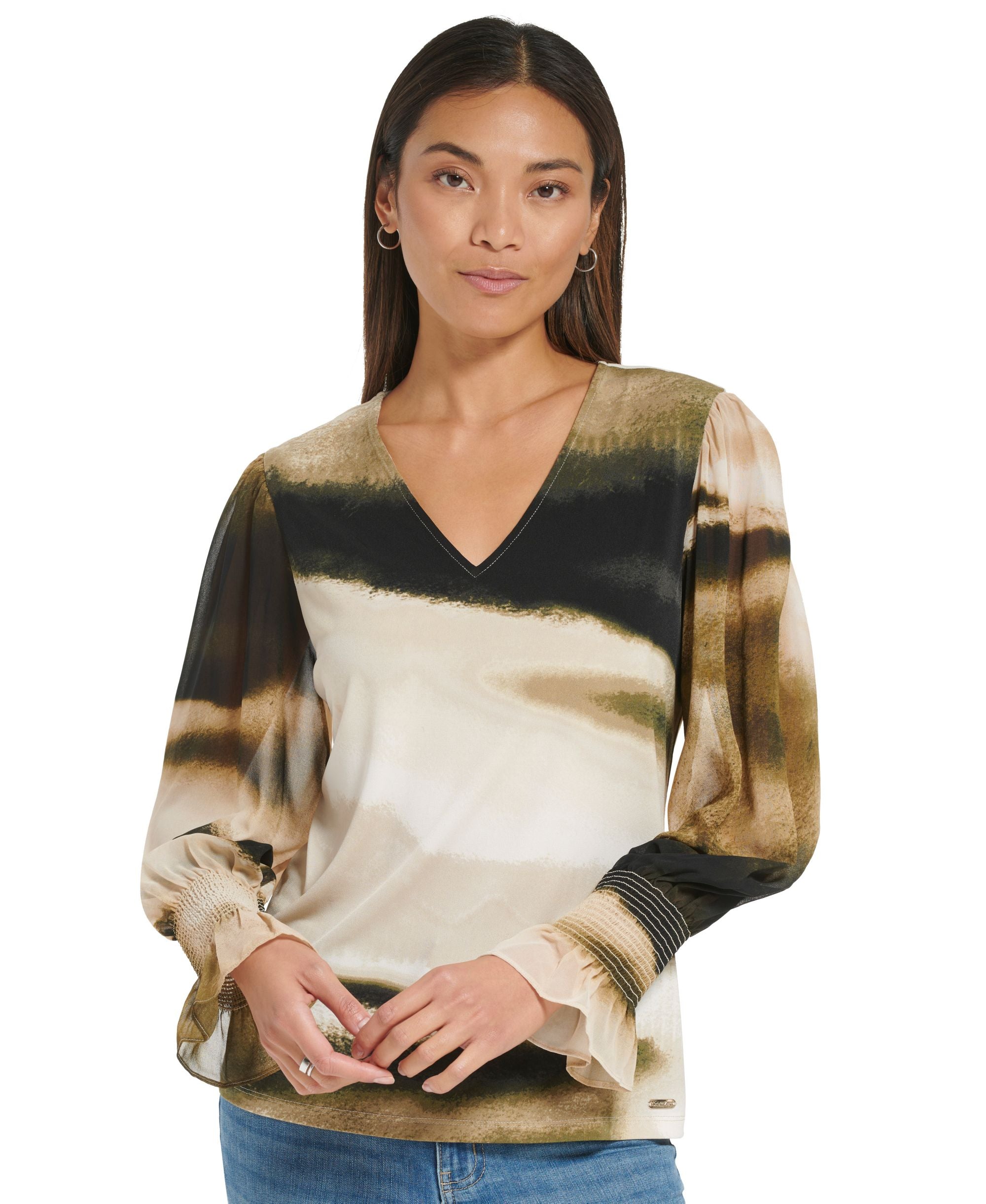 Women's Printed V-Neck Sheer Sleeve Top