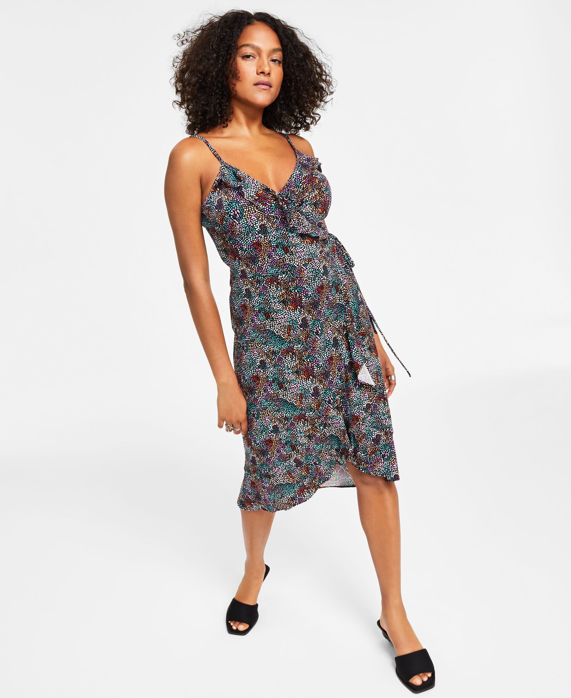 Bar III Petite Printed Faux Wrap Sleeveless Midi Dress
