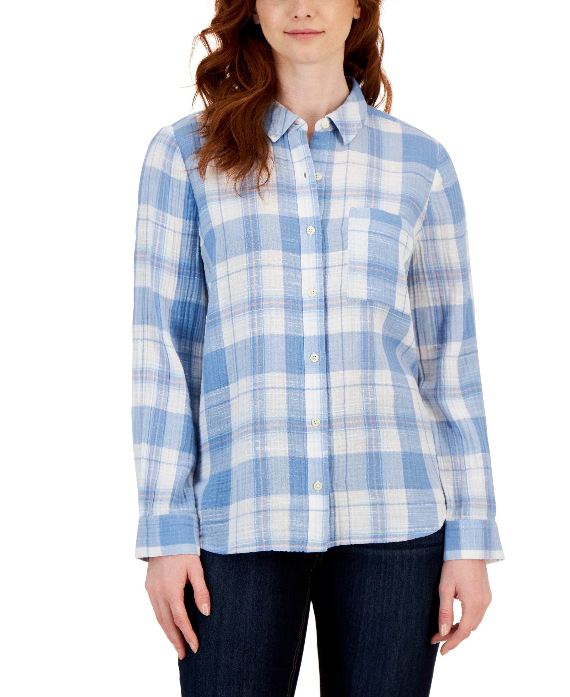 Women's Gauze Cotton Printed Button-Up Shirt Light Blue Plaid L