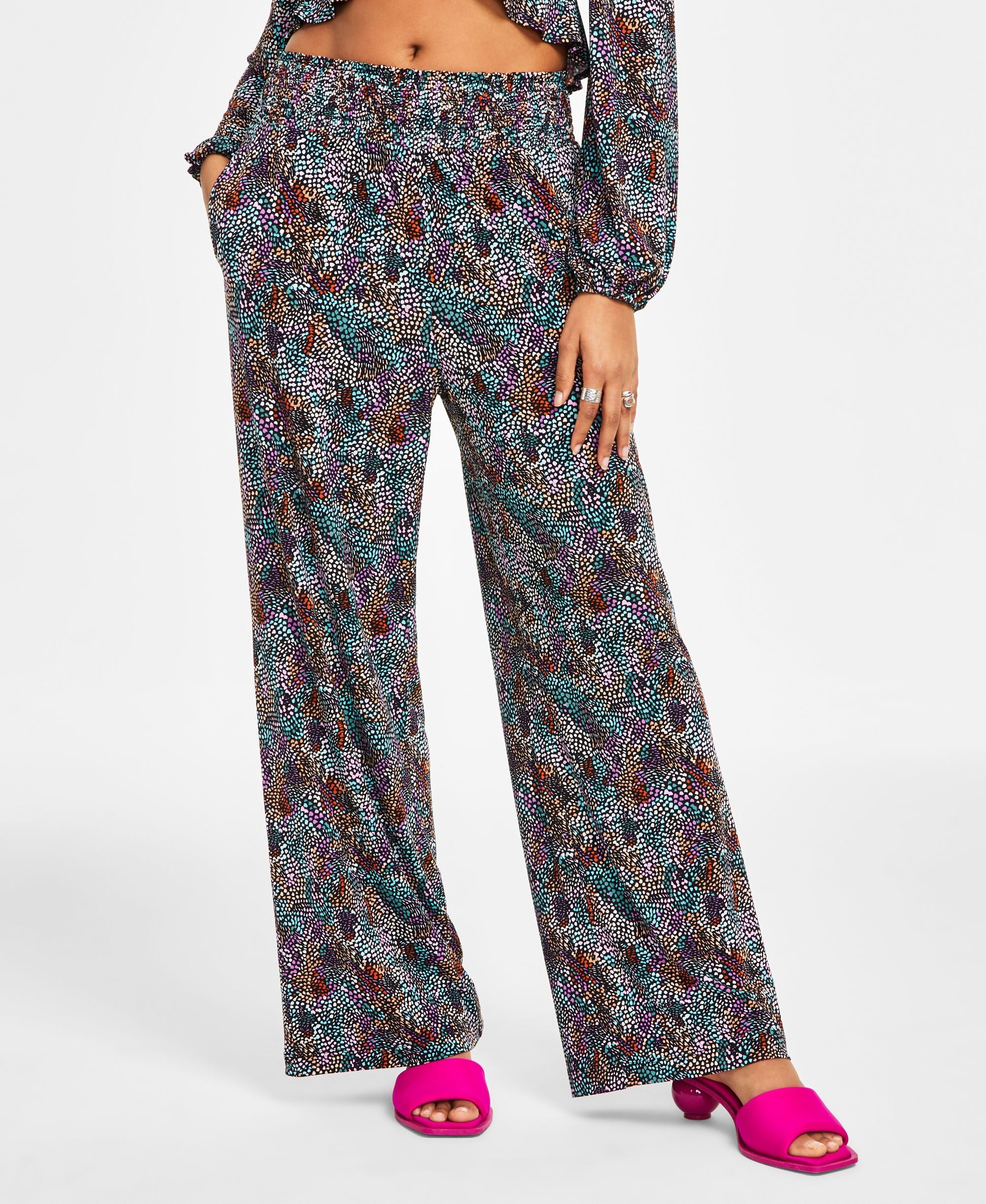 Petite Printed High-Rise Wide-Leg Pull-On Pants