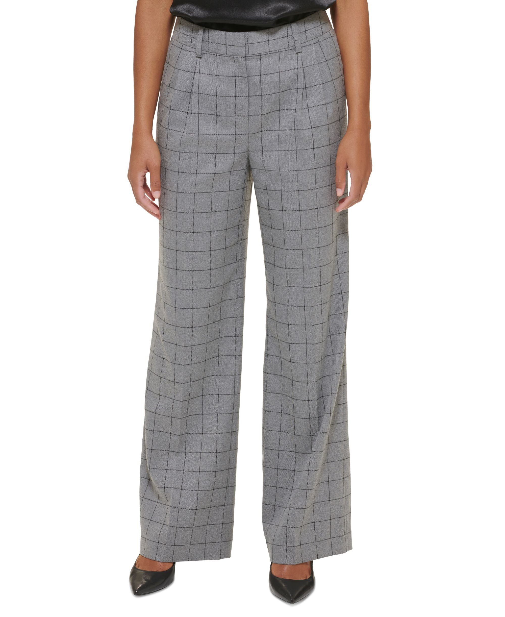 Petite Windowpane-Print Wide-Leg Pants