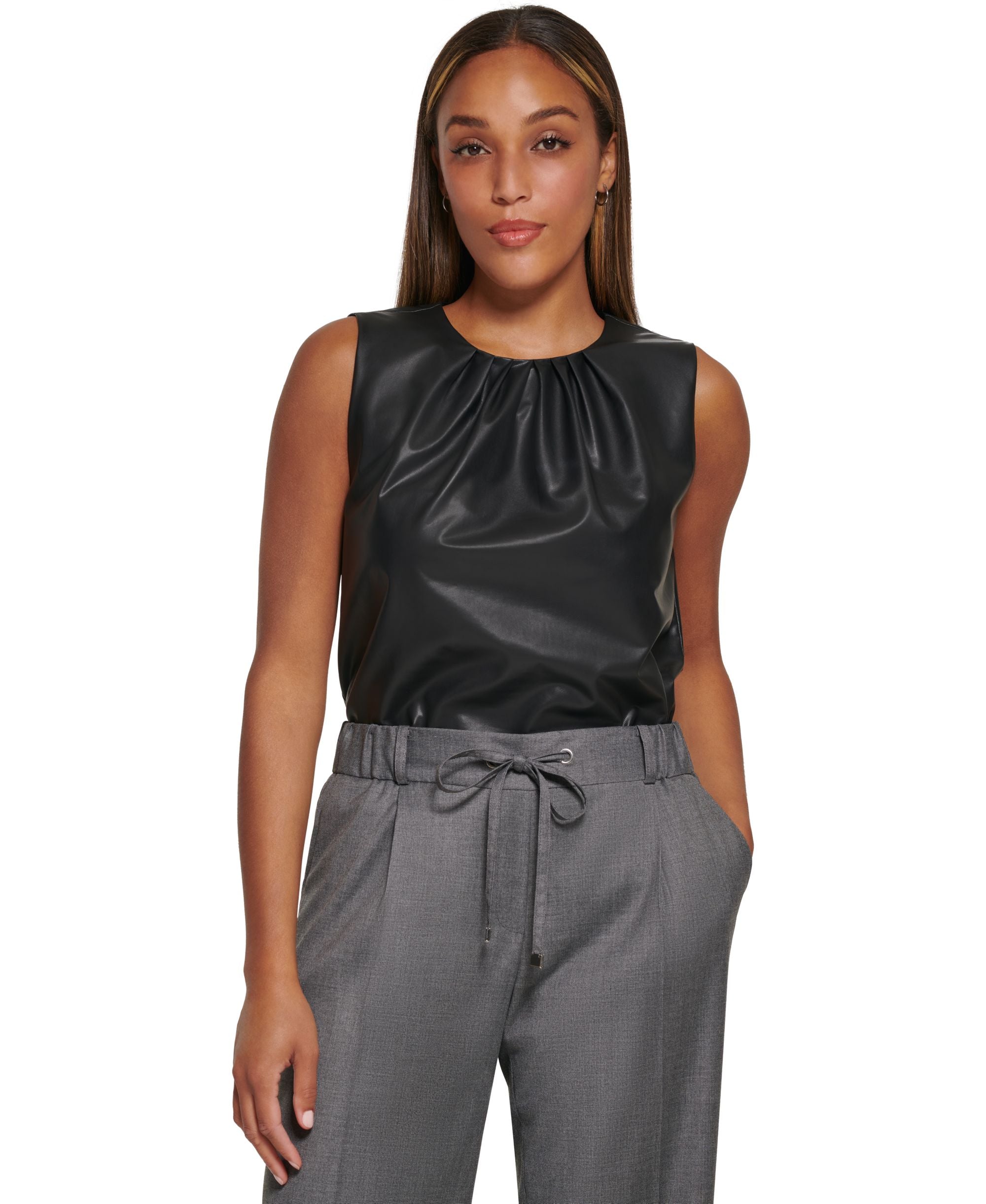 Clavin Klein Womens Faux Leather Pleat Neck Sleeveless Top