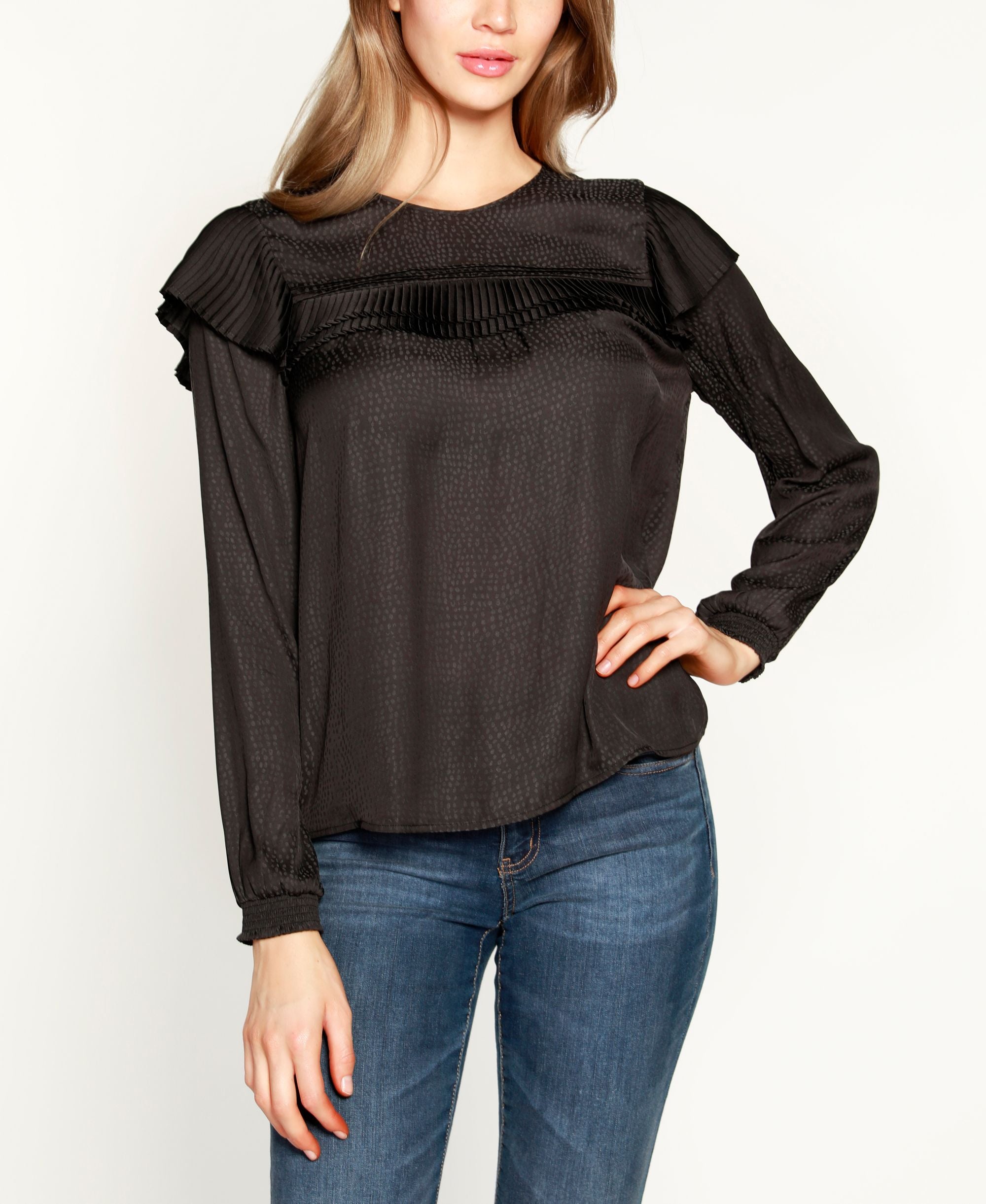 Belldini Black Label Petite Long Sleeve Pleated Ruffle Top
