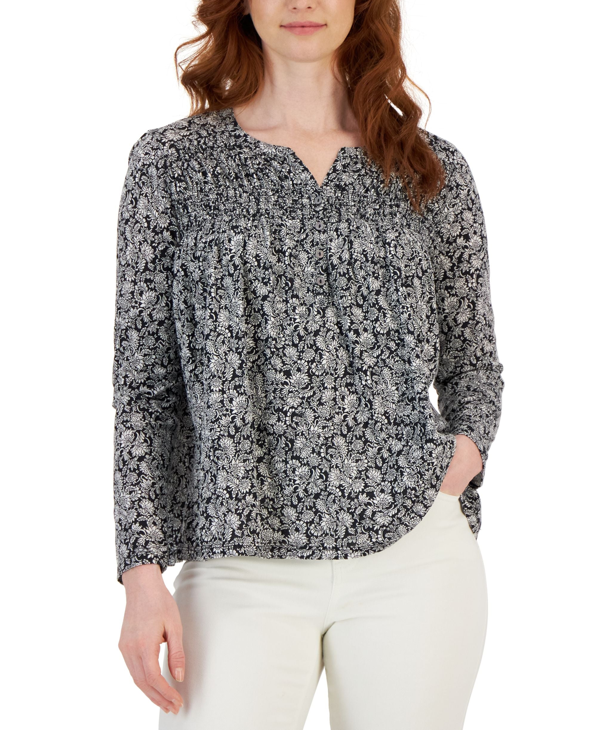Petite Knit Smocked Long-Sleeve Top