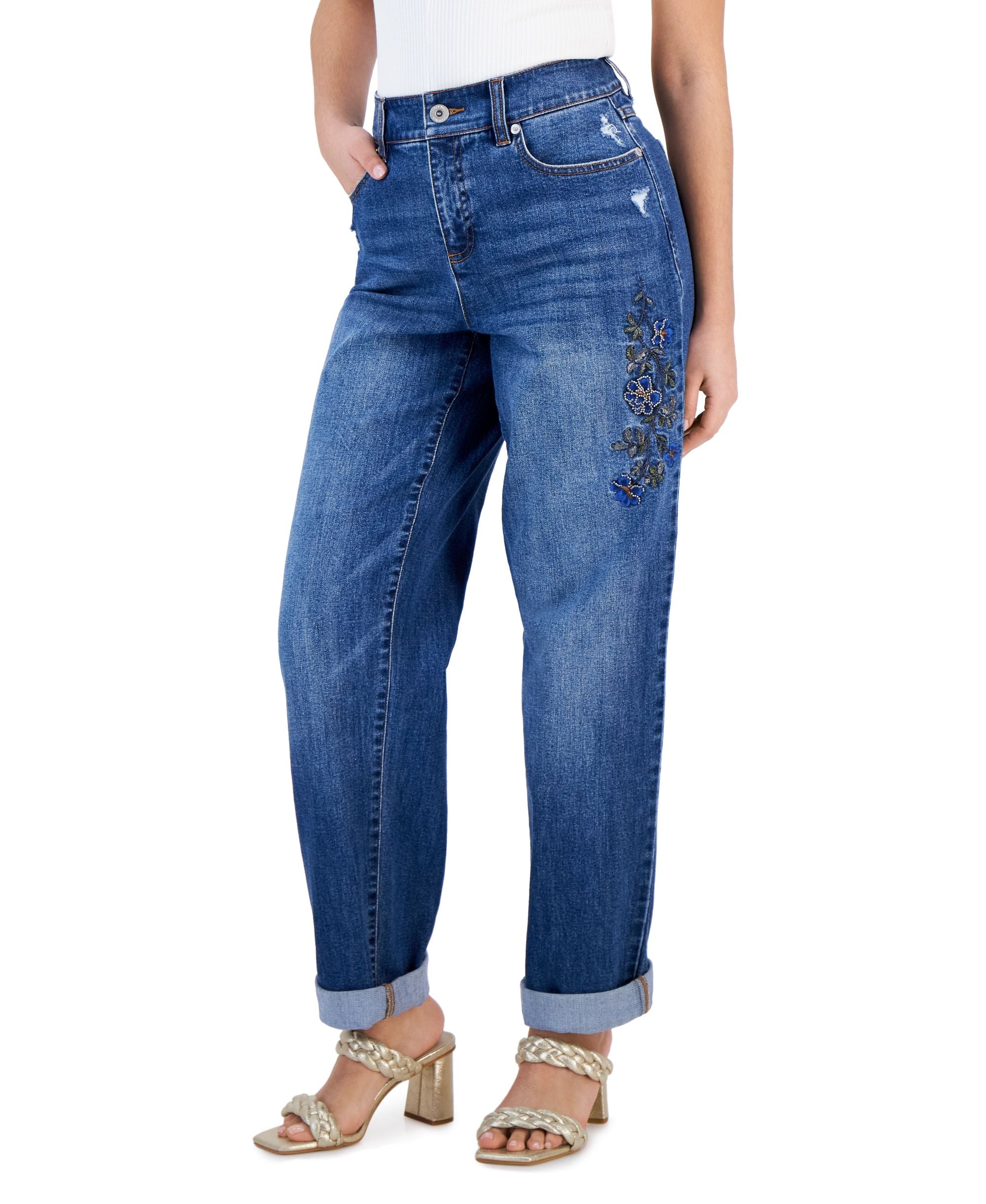 Petite Mid-Rise Beaded Boyfriend Jeans