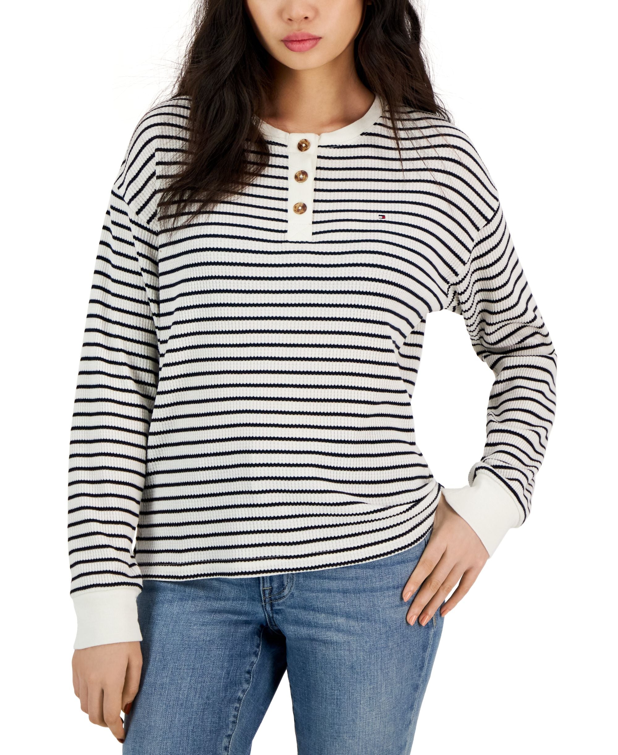 Tommy Hilfiger Womens Long Sleeve Striped Boxy Henley Top