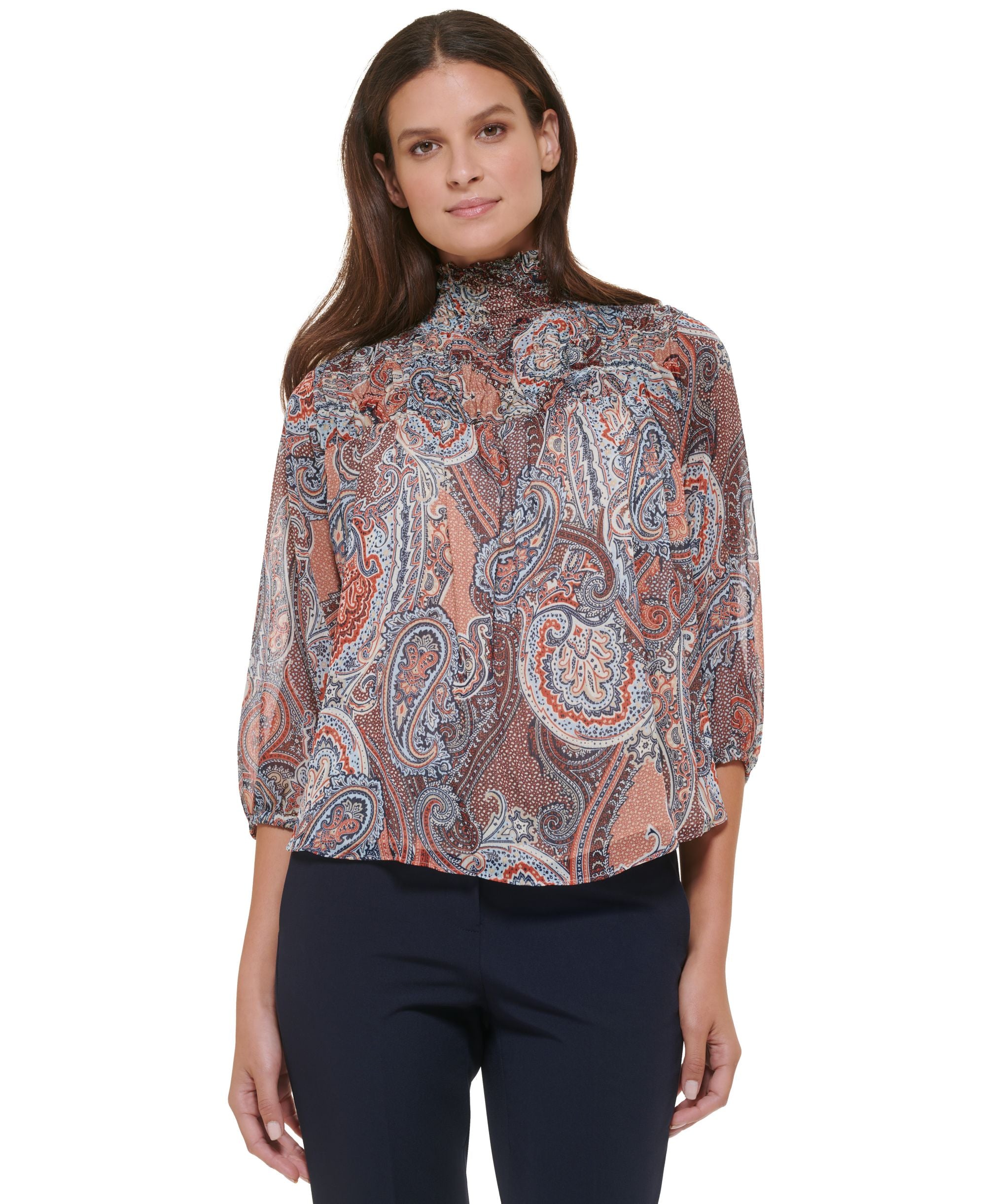 Tommy Hilfiger Womens Paisley Print Smocked High Neck Elbow Sleeve Blouse