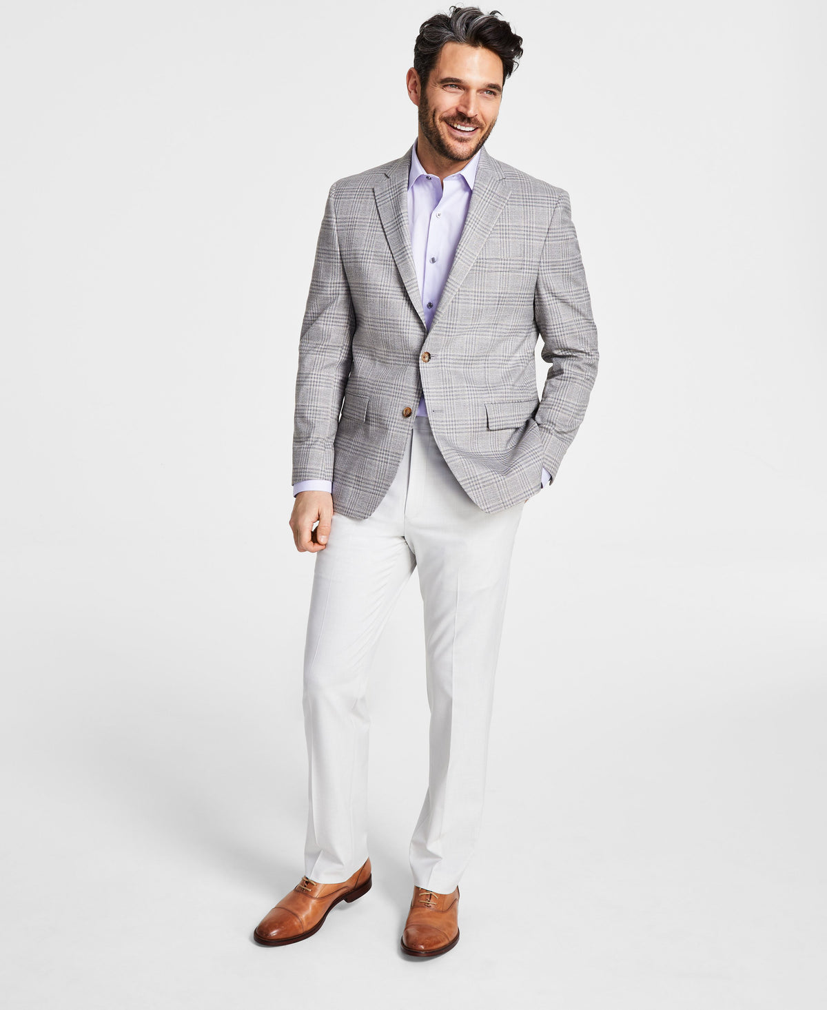 Men's Classic-Fit UltraFlex Stretch Grey Plaid Sport Coat