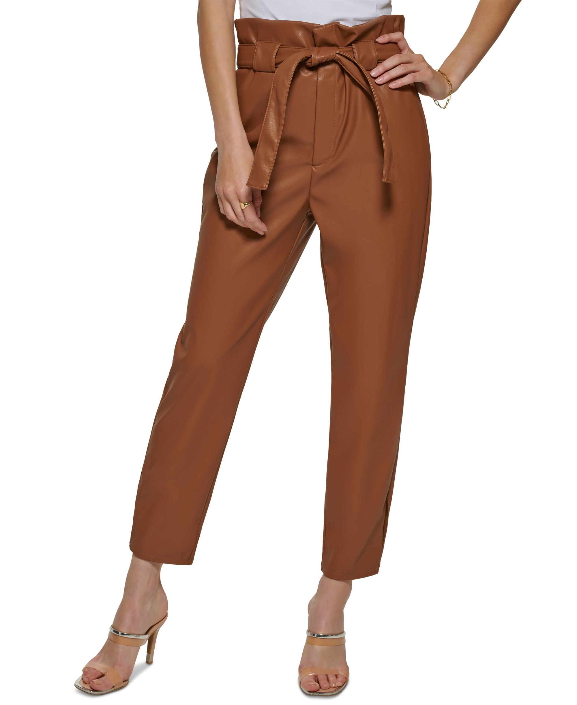 Faux Leather High Rise Tie Waist Ankle Pants