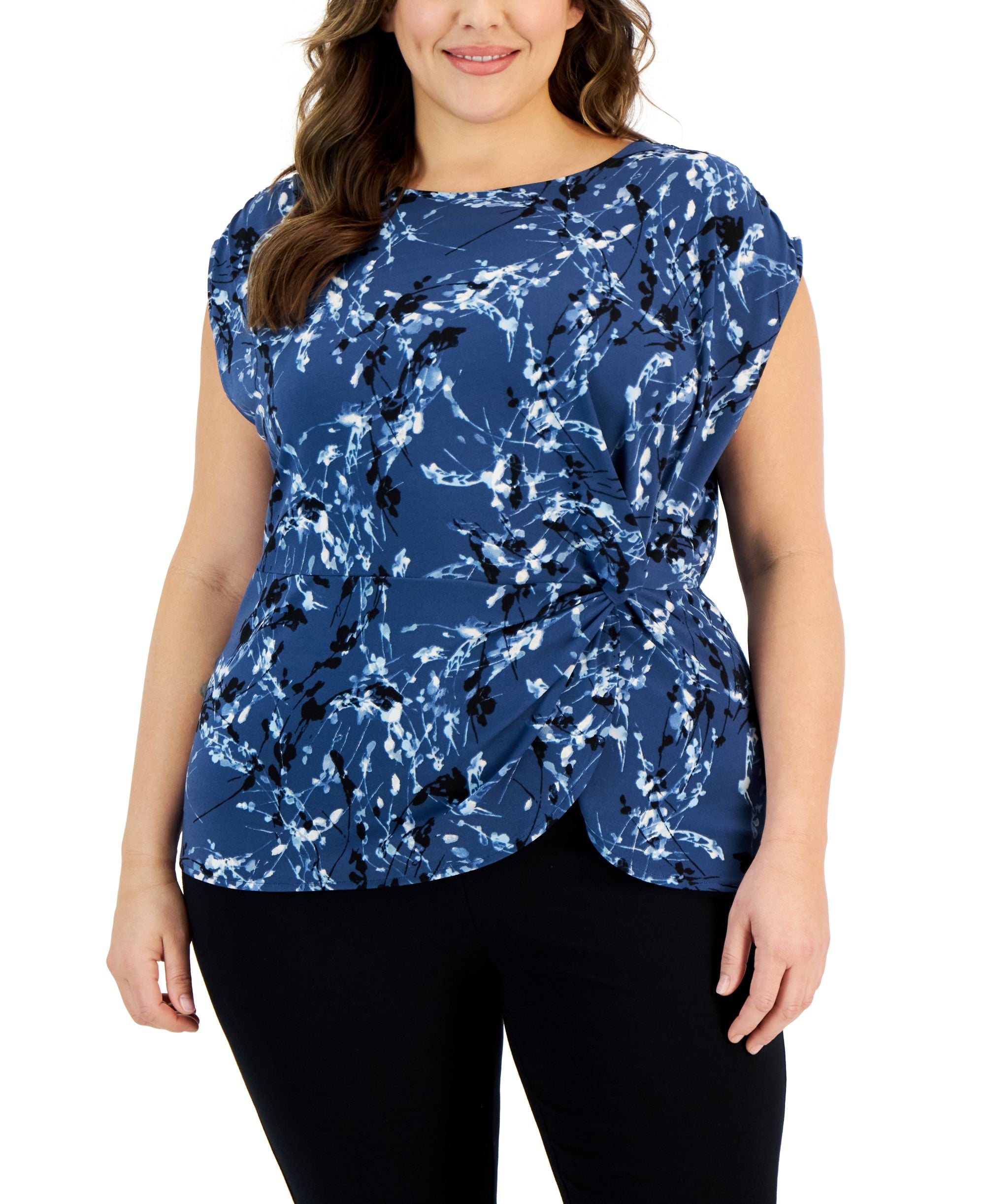 Alfani Plus Size Printed Side Knot Cap Sleeve Top