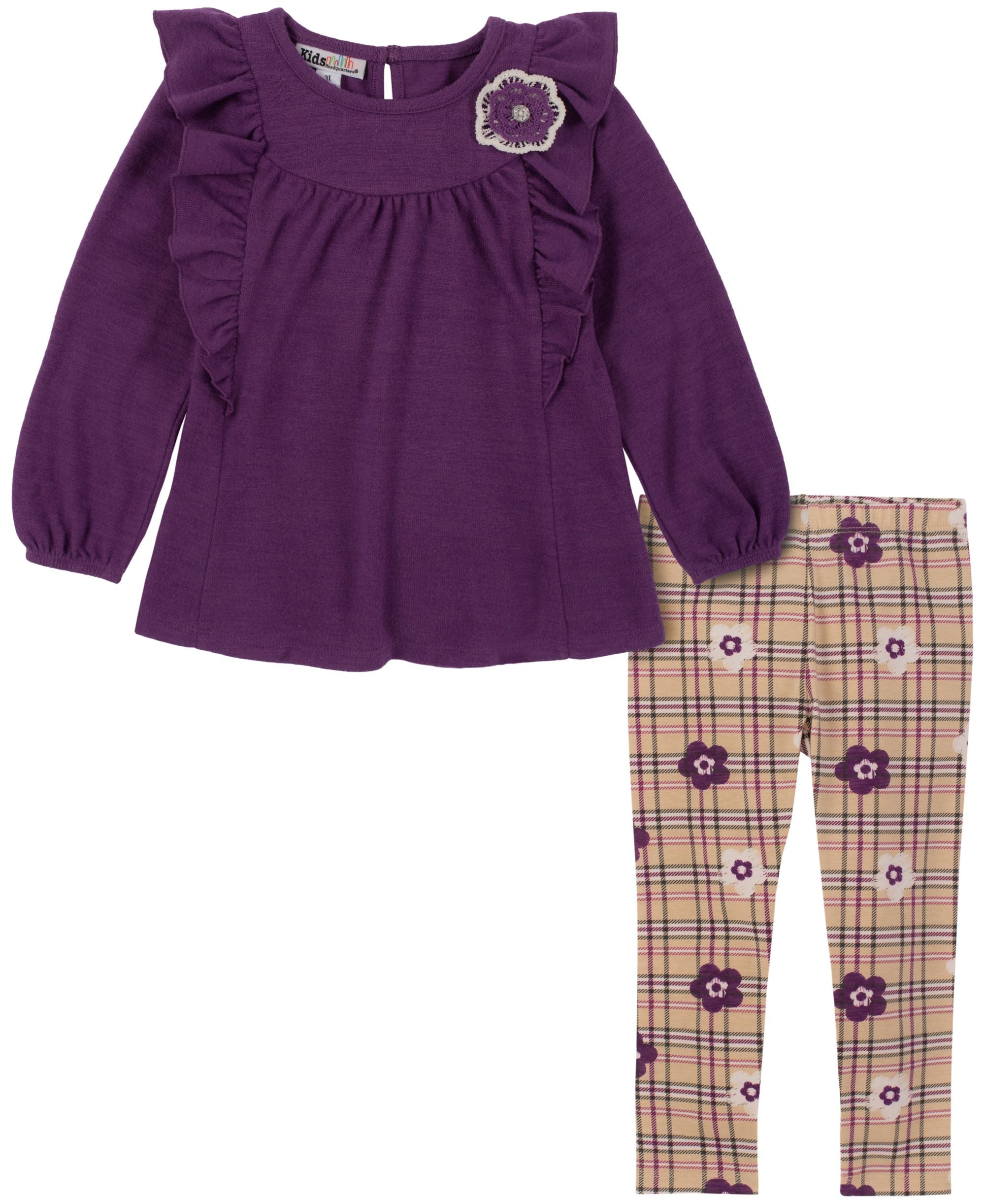 Kids Headquarters Little Girls Babydoll Tunic Floral Plaid Leggings 2 Piece Set