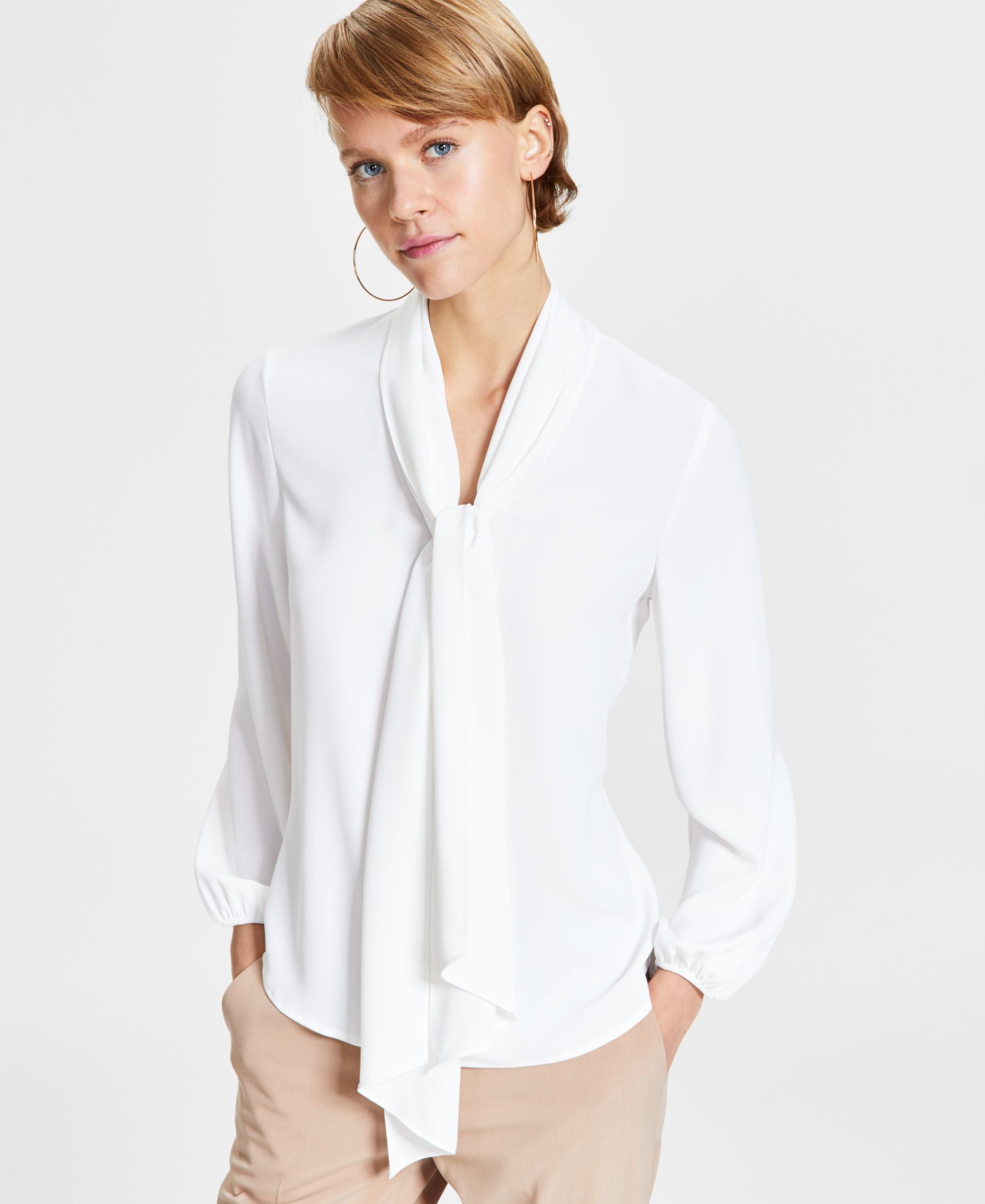 Women's Tie Neck Cinched Sleeve Blouse
