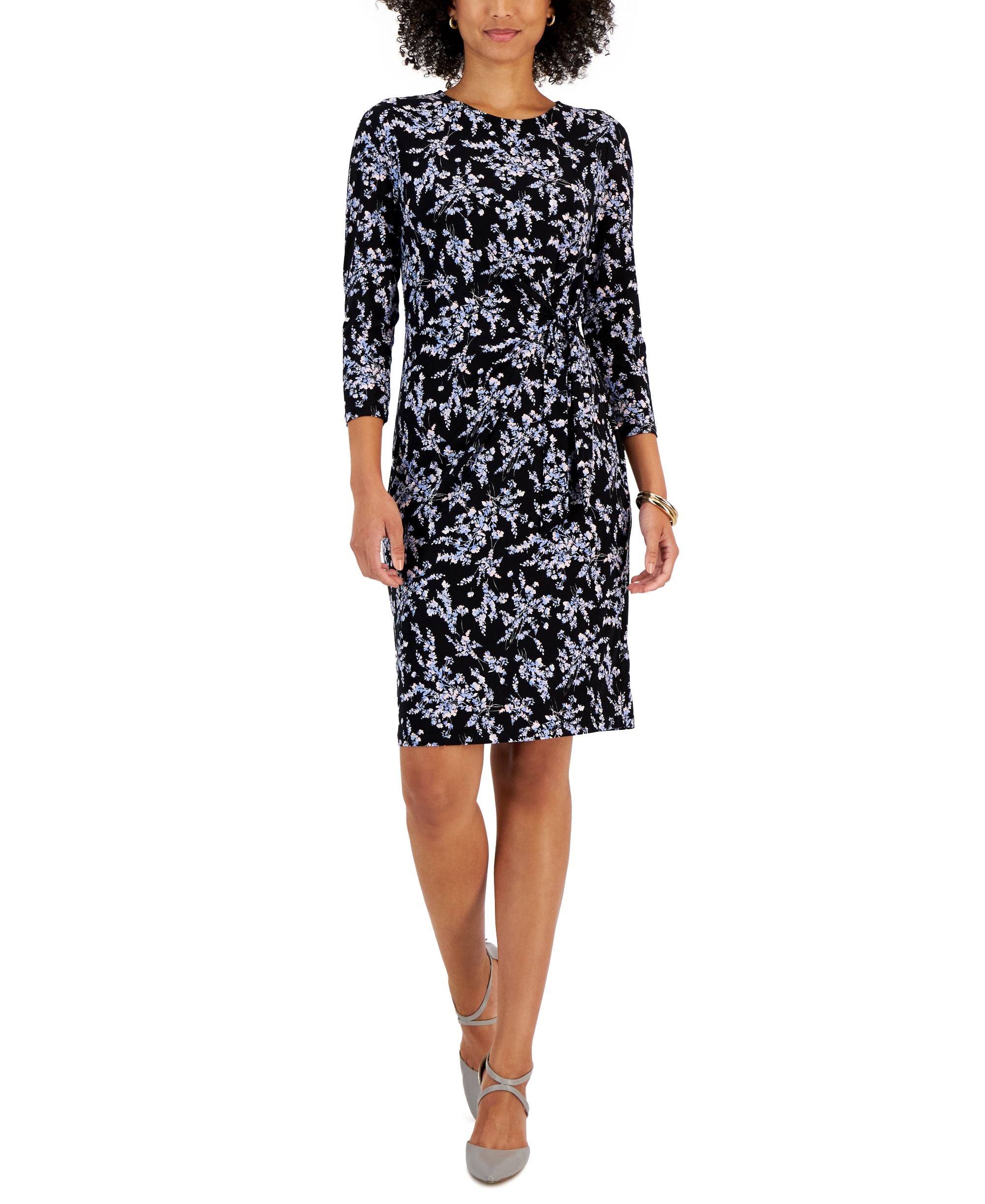 Women's Boat Neck Floral-Print Faux-Wrap Dress
