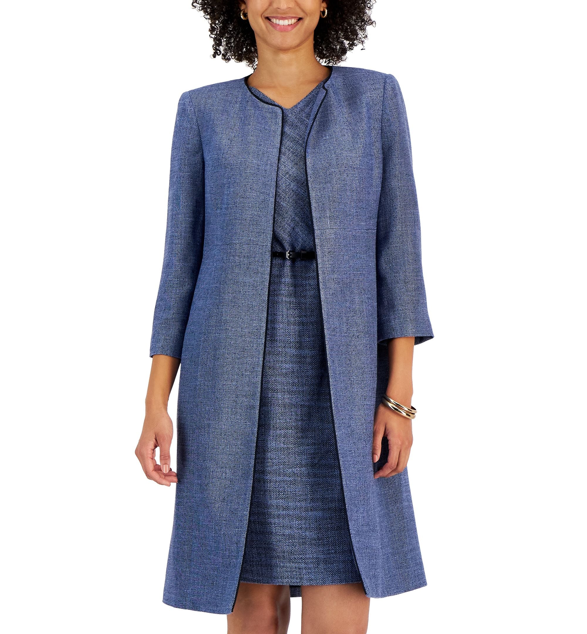 Women's Collarless 3/4-Sleeve Tweed Topper Jacket