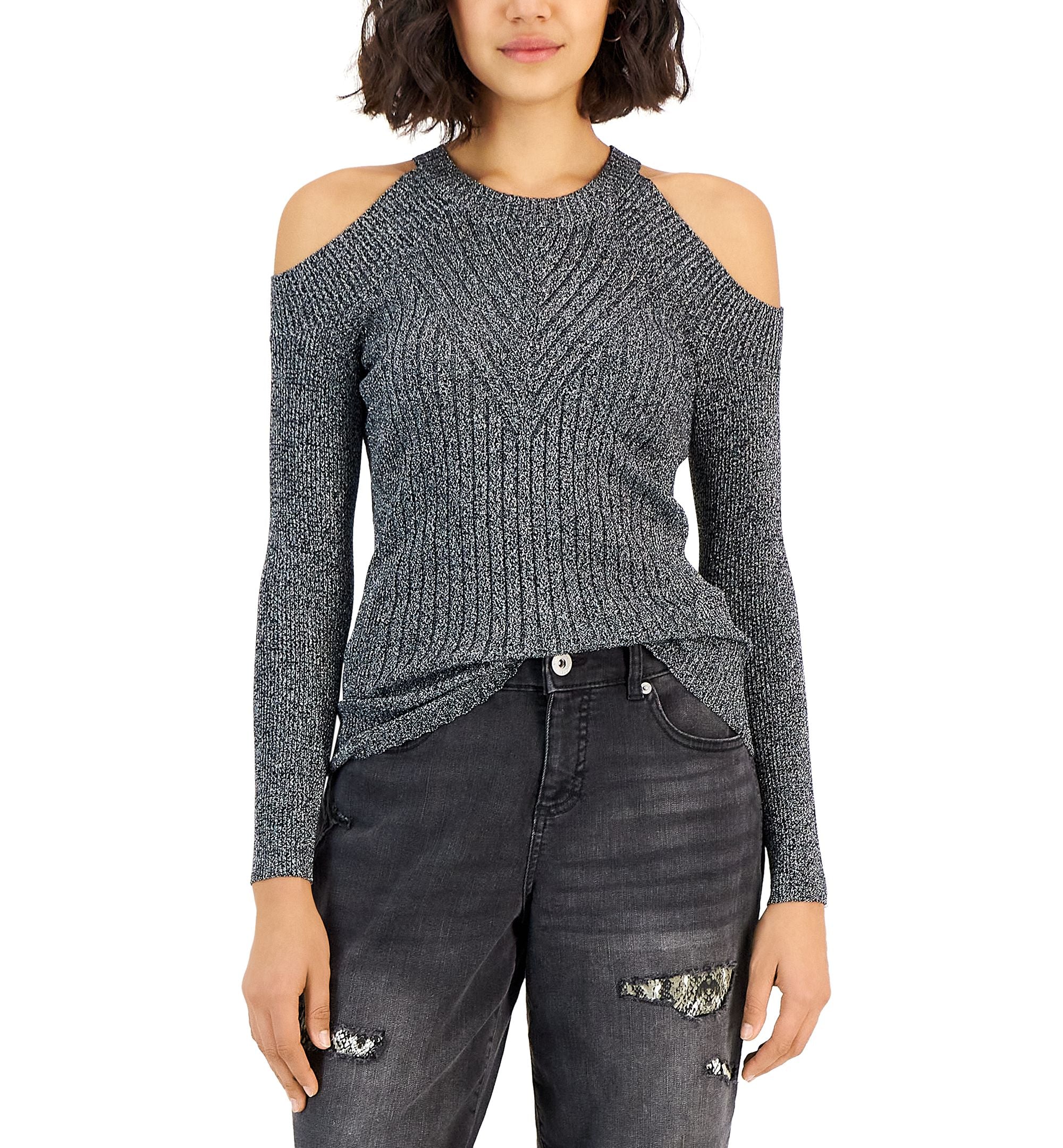INC International Concepts Petite Cold Shoulder Metallic Knit Sweater