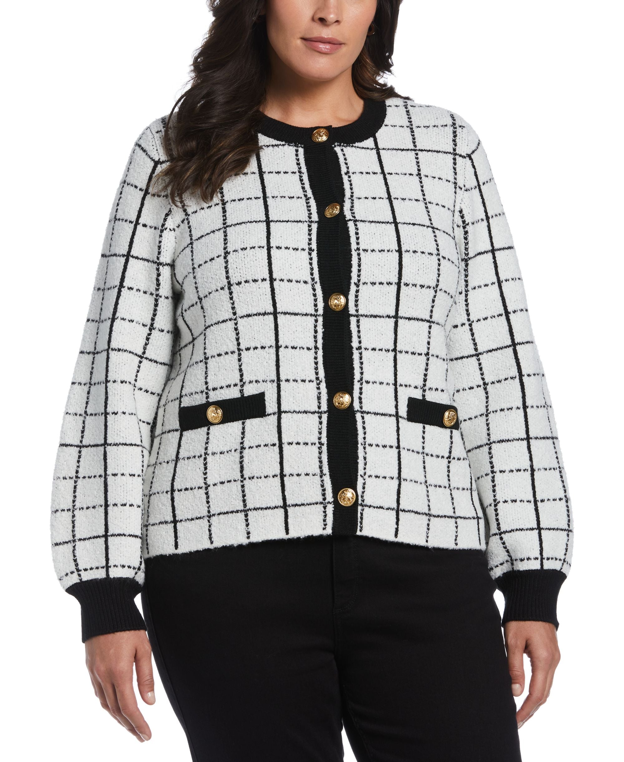 Ella Rafaella Plus Size Windowpane Plaid Jacket Sweater