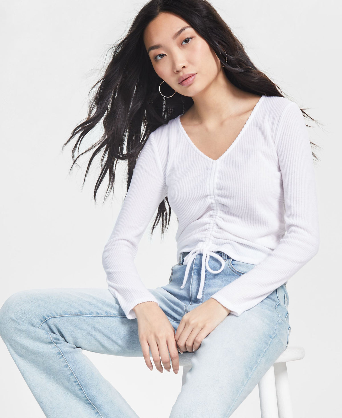 Juniors' Shirred-Front Long-Sleeve Top