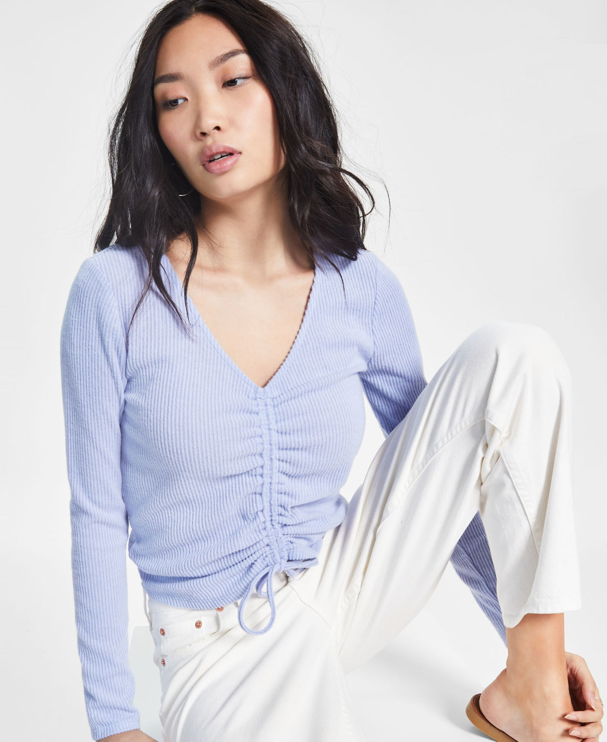 Juniors' Shirred-Front Long-Sleeve Top