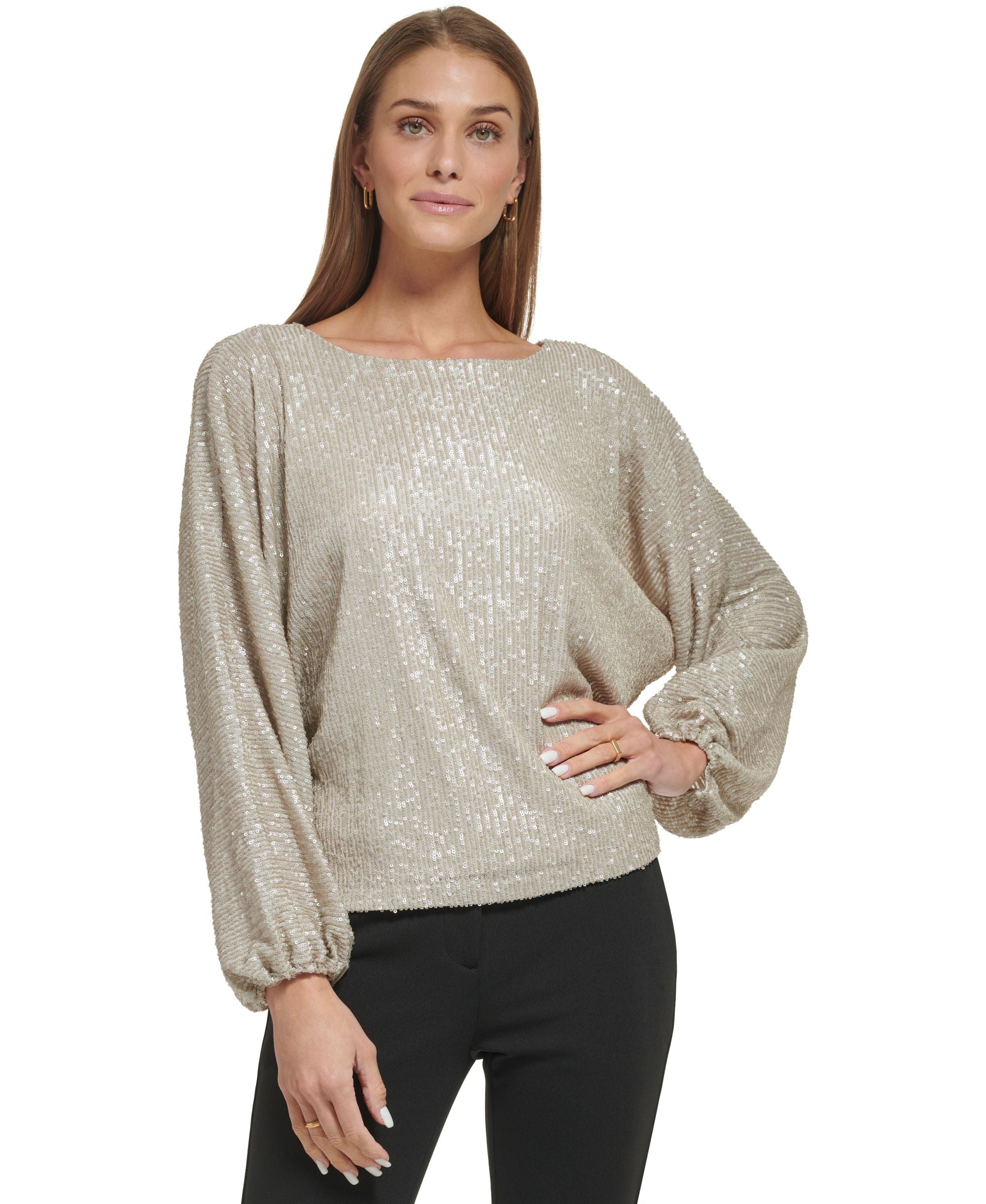 Women's Boat-Neck Dolman-Sleeve Sequin Top