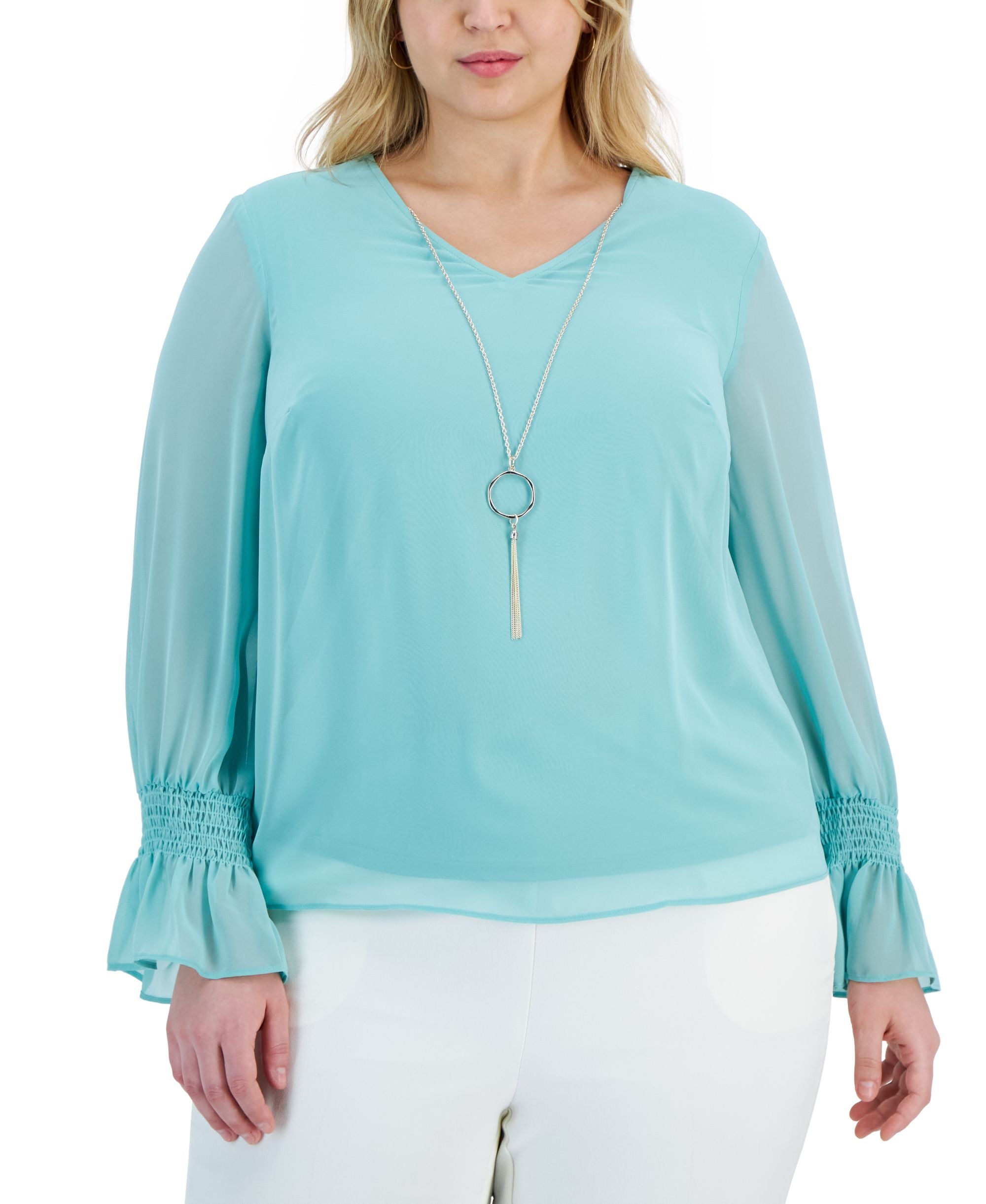 Plus Size Smocked-Sleeve Necklace Top