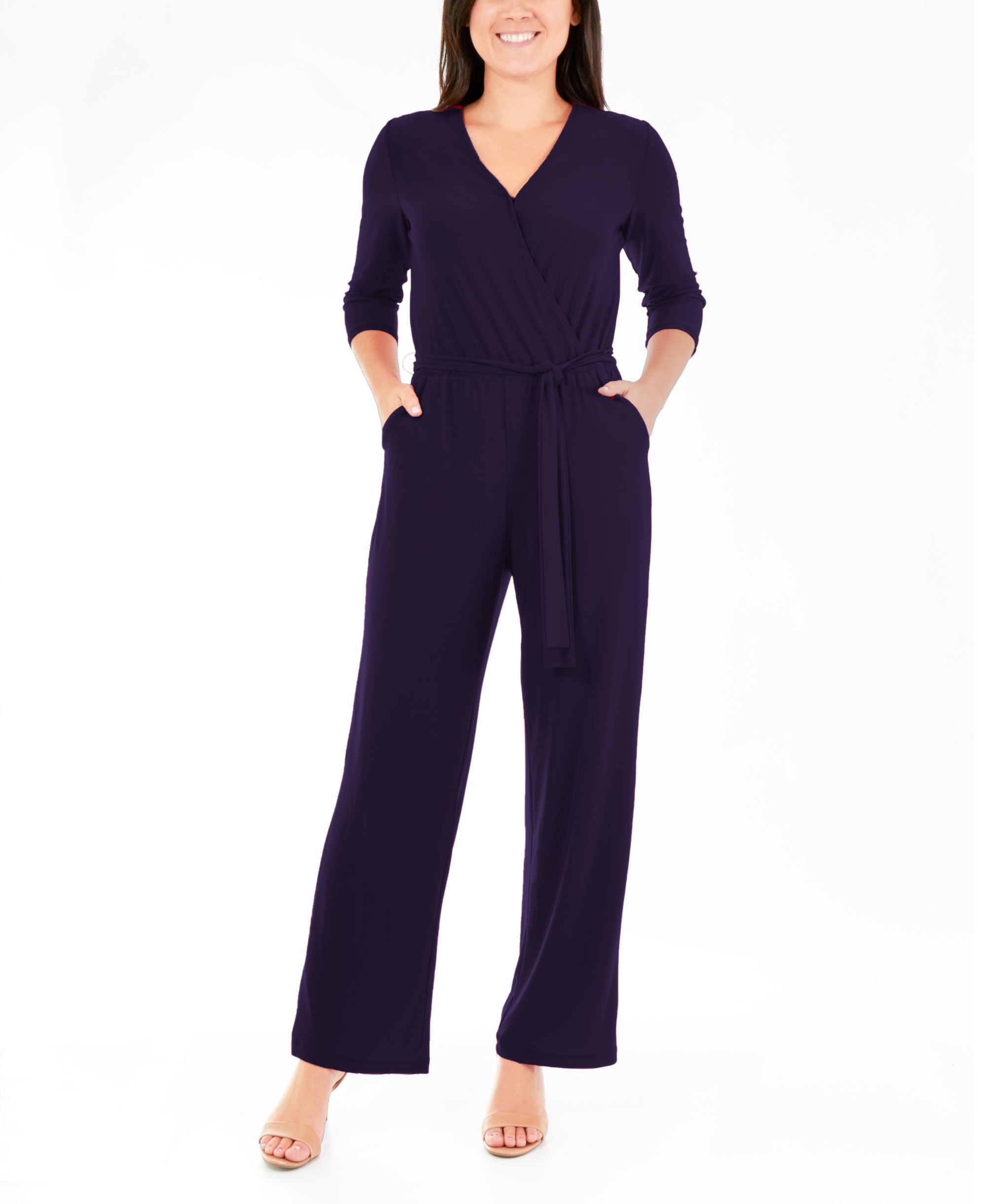 NY Collection Petite 3/4 Sleeve Belted Jumpsuit