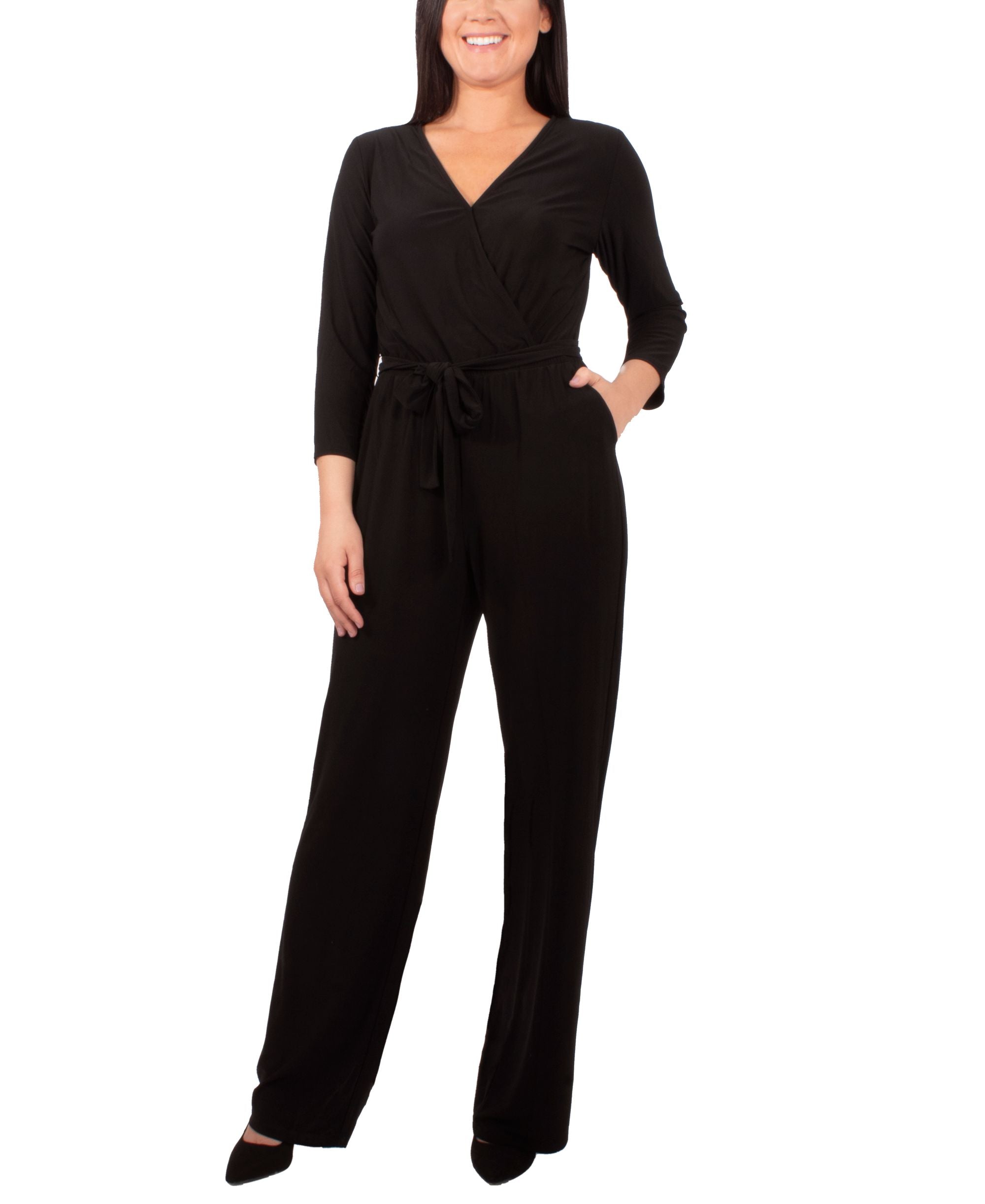 NY Collection Petite 3/4 Sleeve Belted Jumpsuit