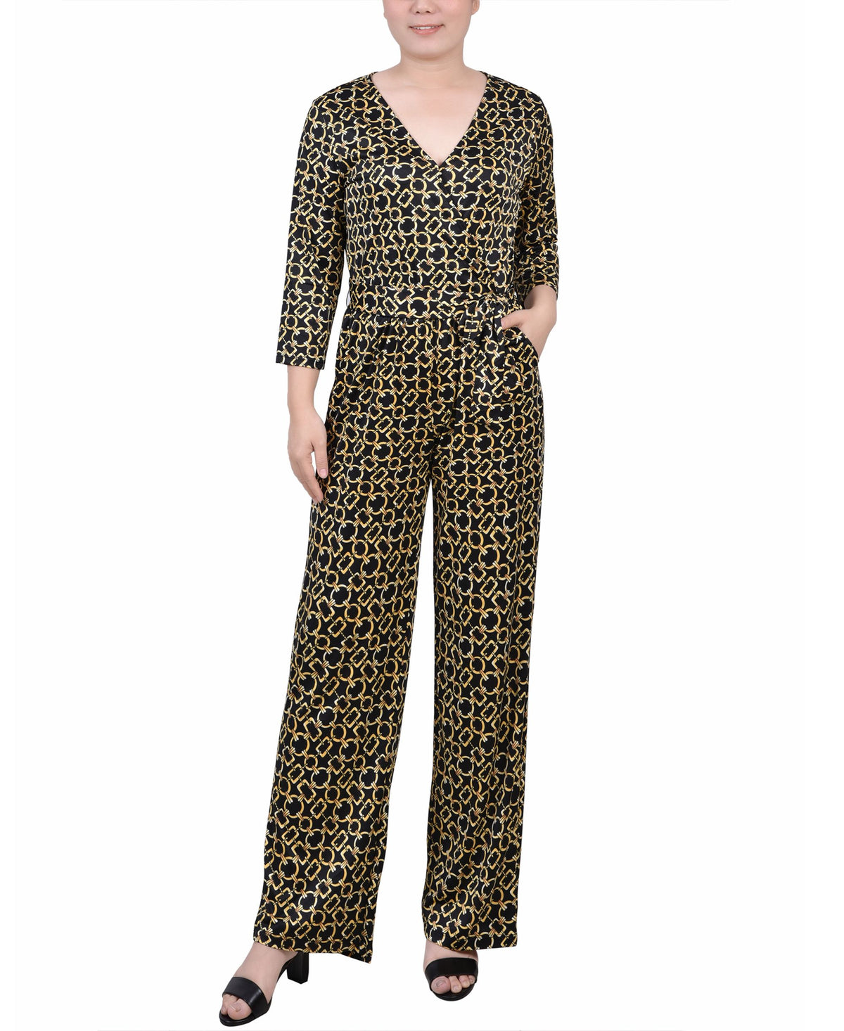 NY Collection Petite 3/4 Sleeve Belted Jumpsuit