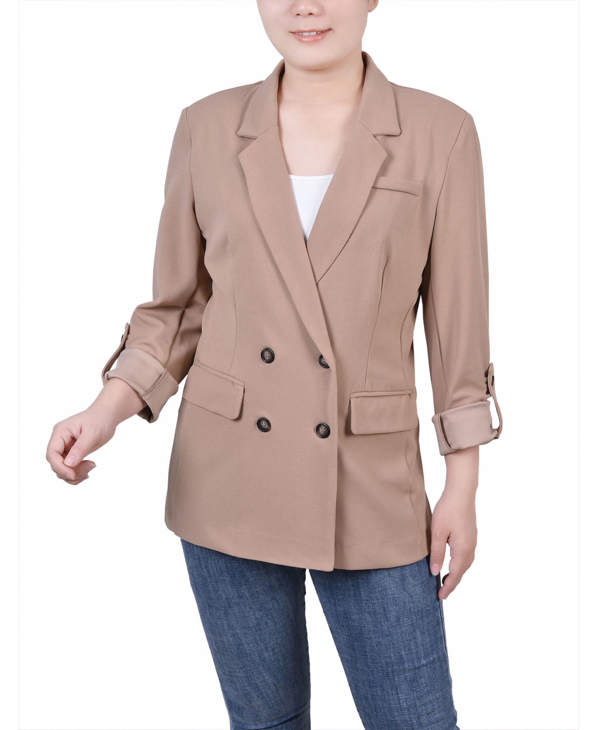 Petite Long Sleeve Double Breasted Crepe Blazer