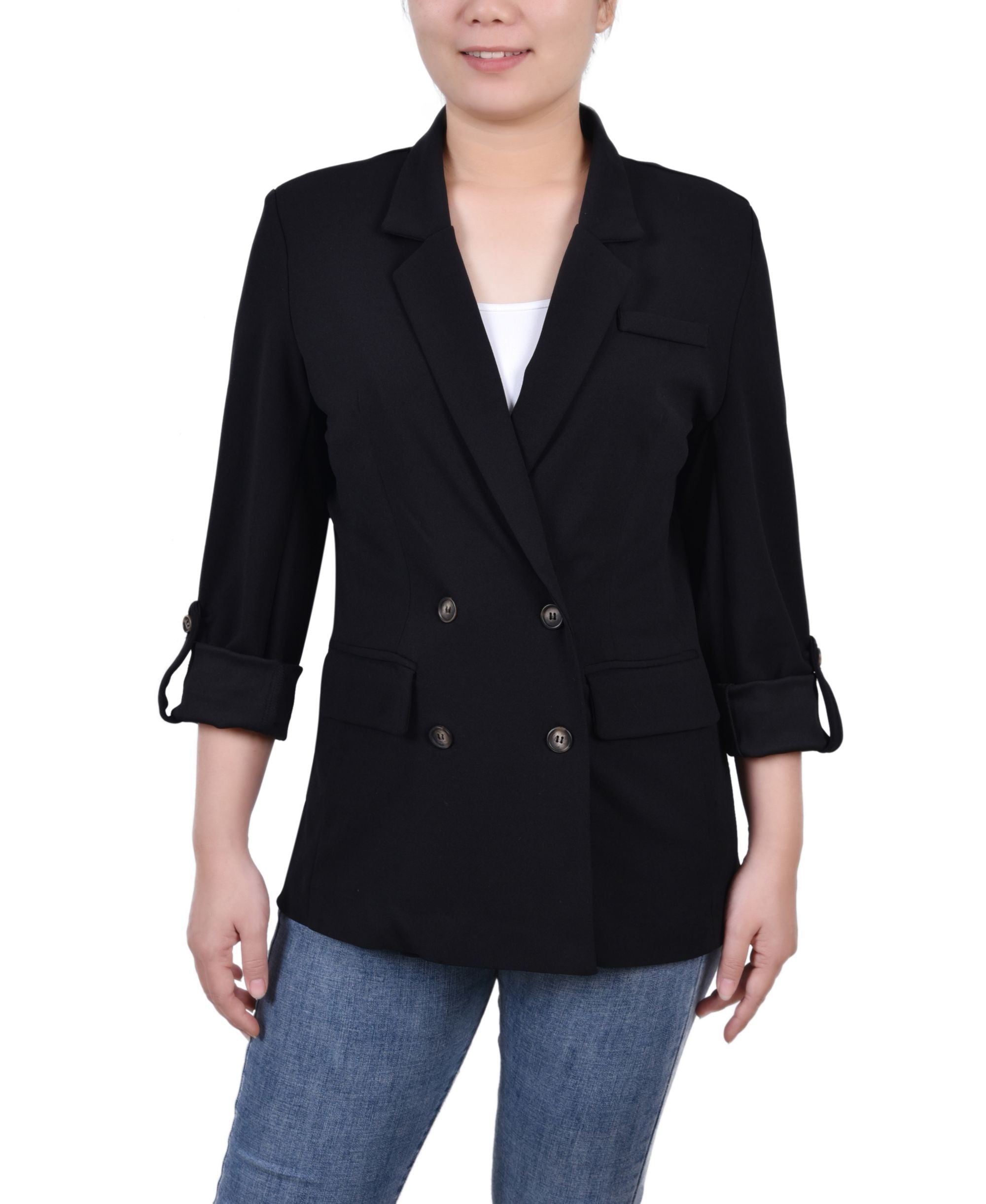 Petite Long Sleeve Double Breasted Crepe Blazer
