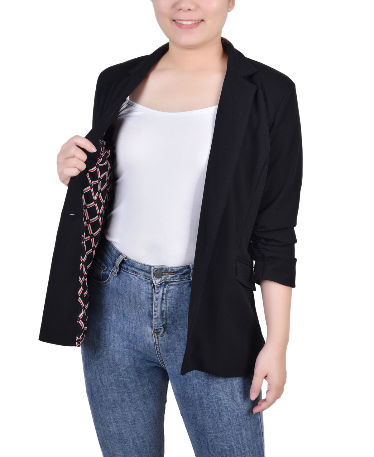 NY Collection Petite 3/4 Rouched Sleeve Crepe Jacket