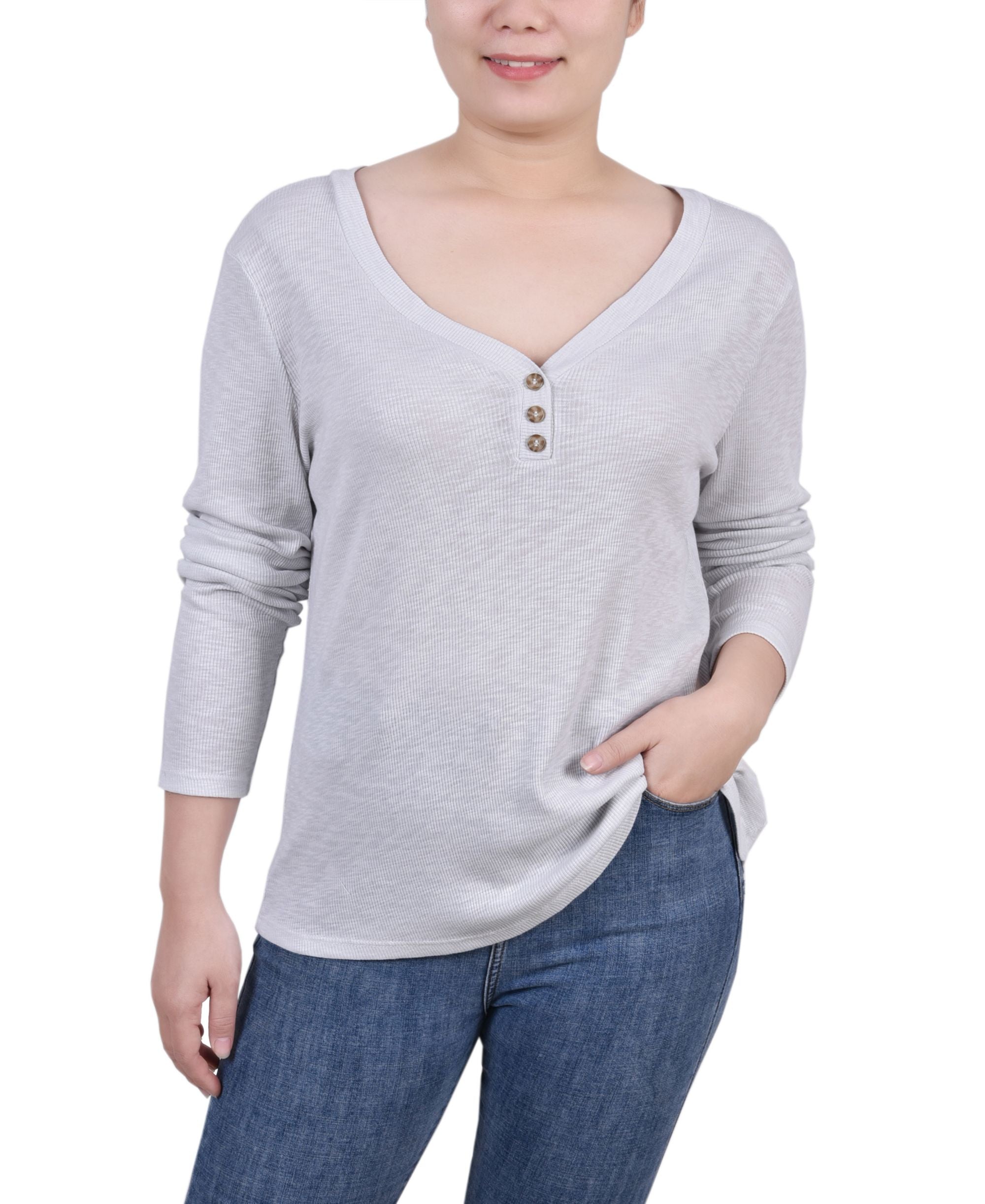NY Collection Petite Long Sleeve Ribbed Henley Top