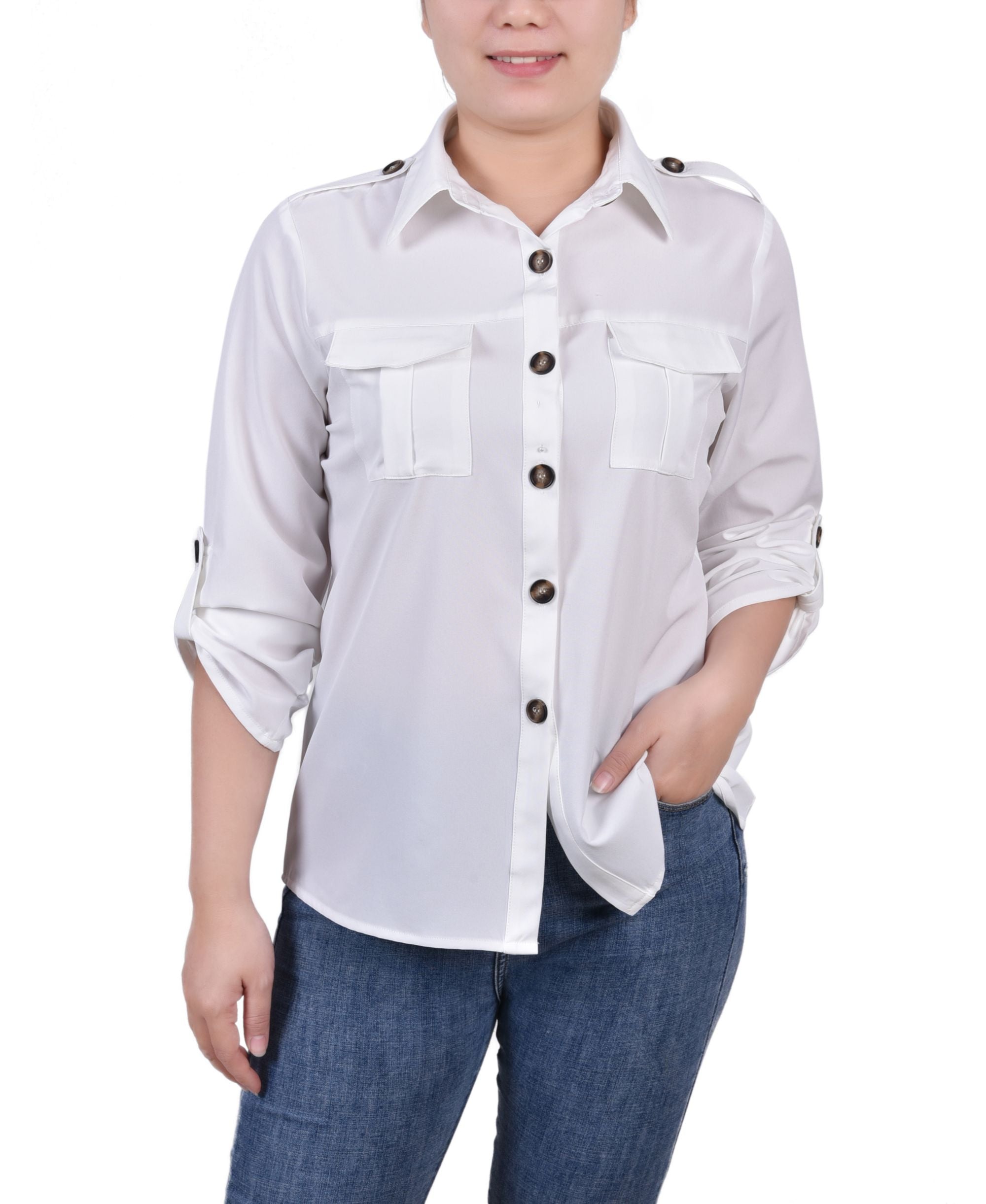 Petite 3/4 Sleeve Roll Tab Utility Blouse