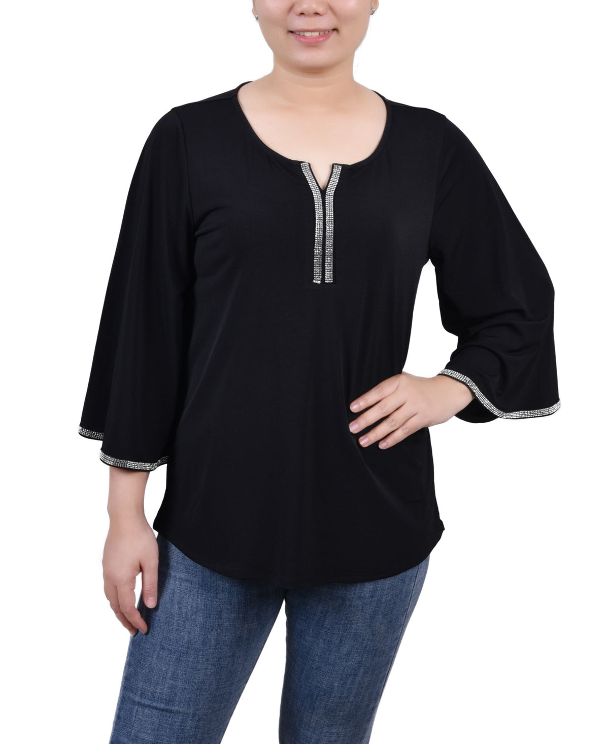 NY Collection Petite 3/4 Bell Sleeve Top With Stones