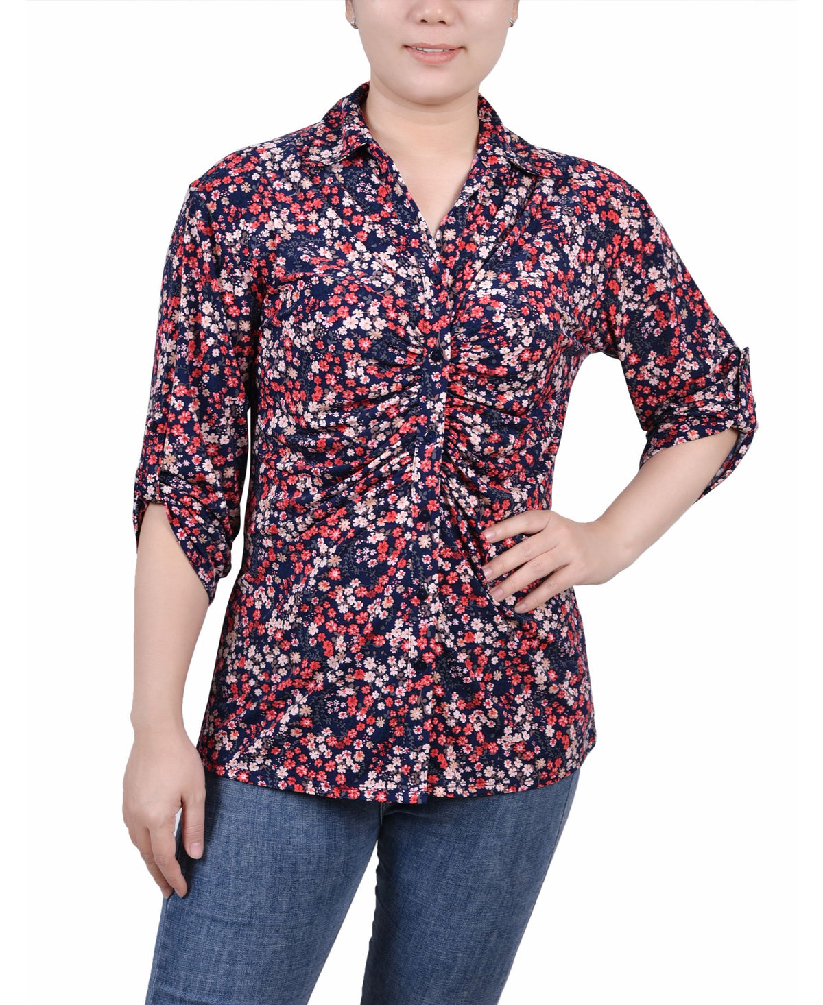 Petite 3/4 Roll Tab Rouched-Front Top