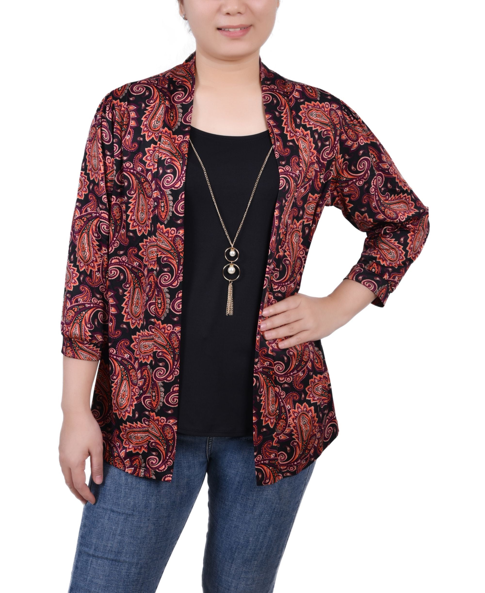 NY Collection Petite 3/4 Sleeve Two Fer Top
