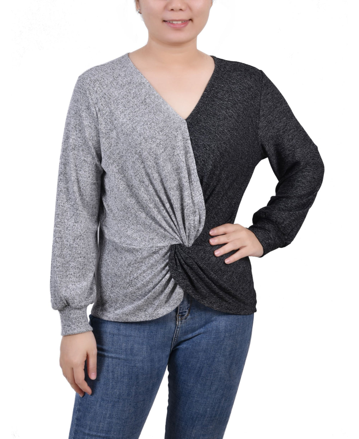 NY Collection Petite Long Sleeve Twist Front Colorblocked Top