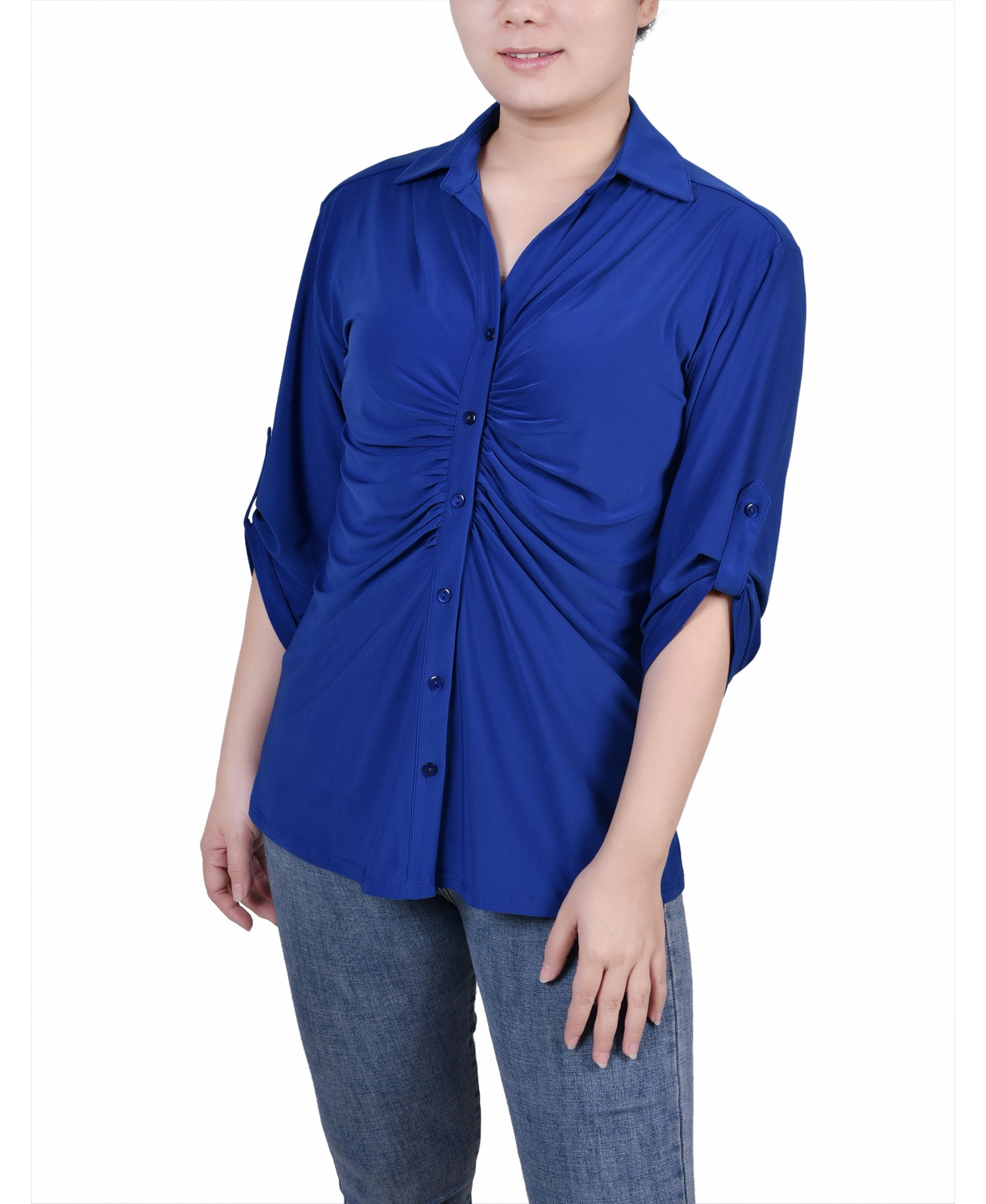 NY Collection Petite 3/4 Roll Tab Rouched Front Top