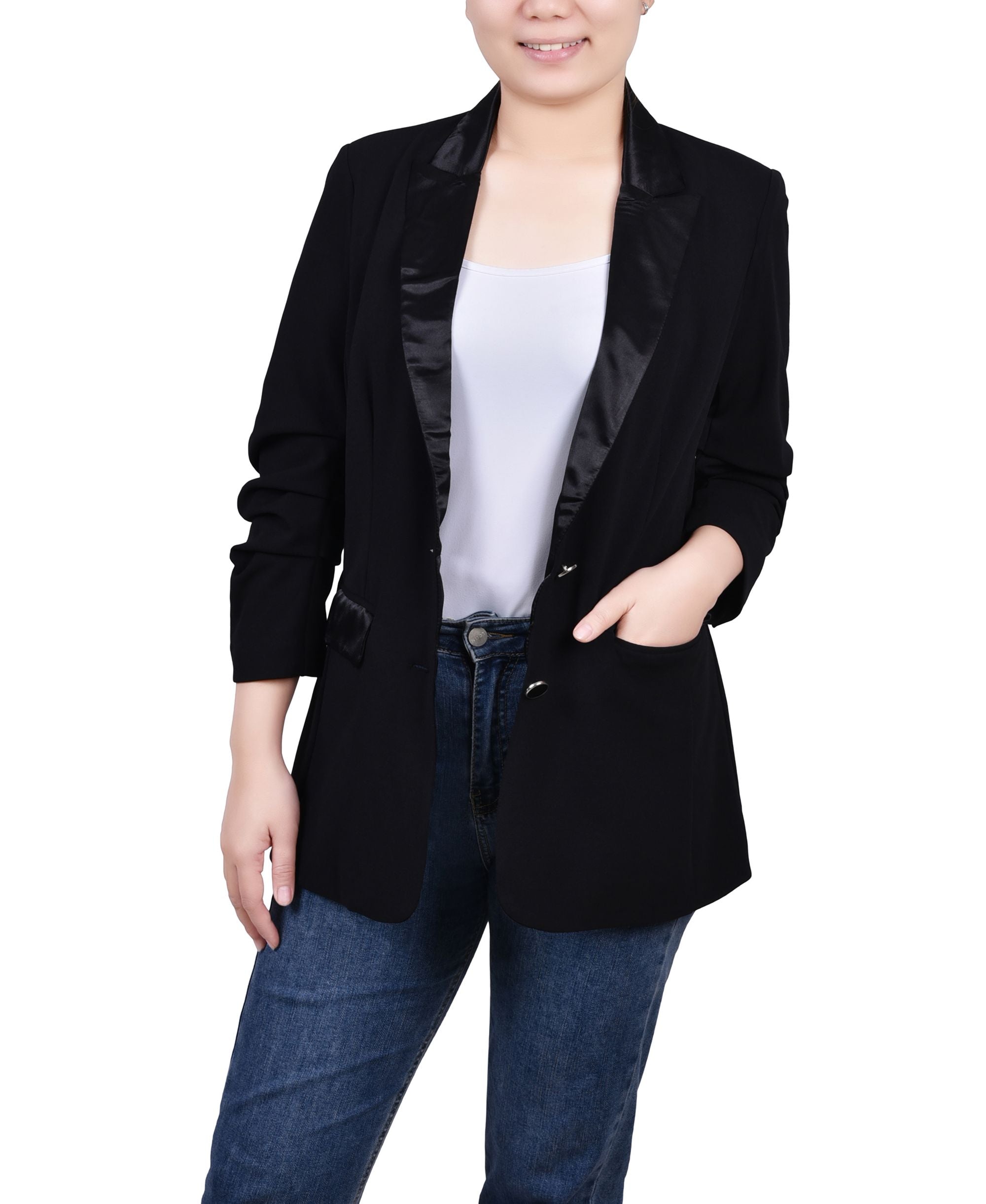 NY Collection Petite Satin Lapel Ponte Blazer